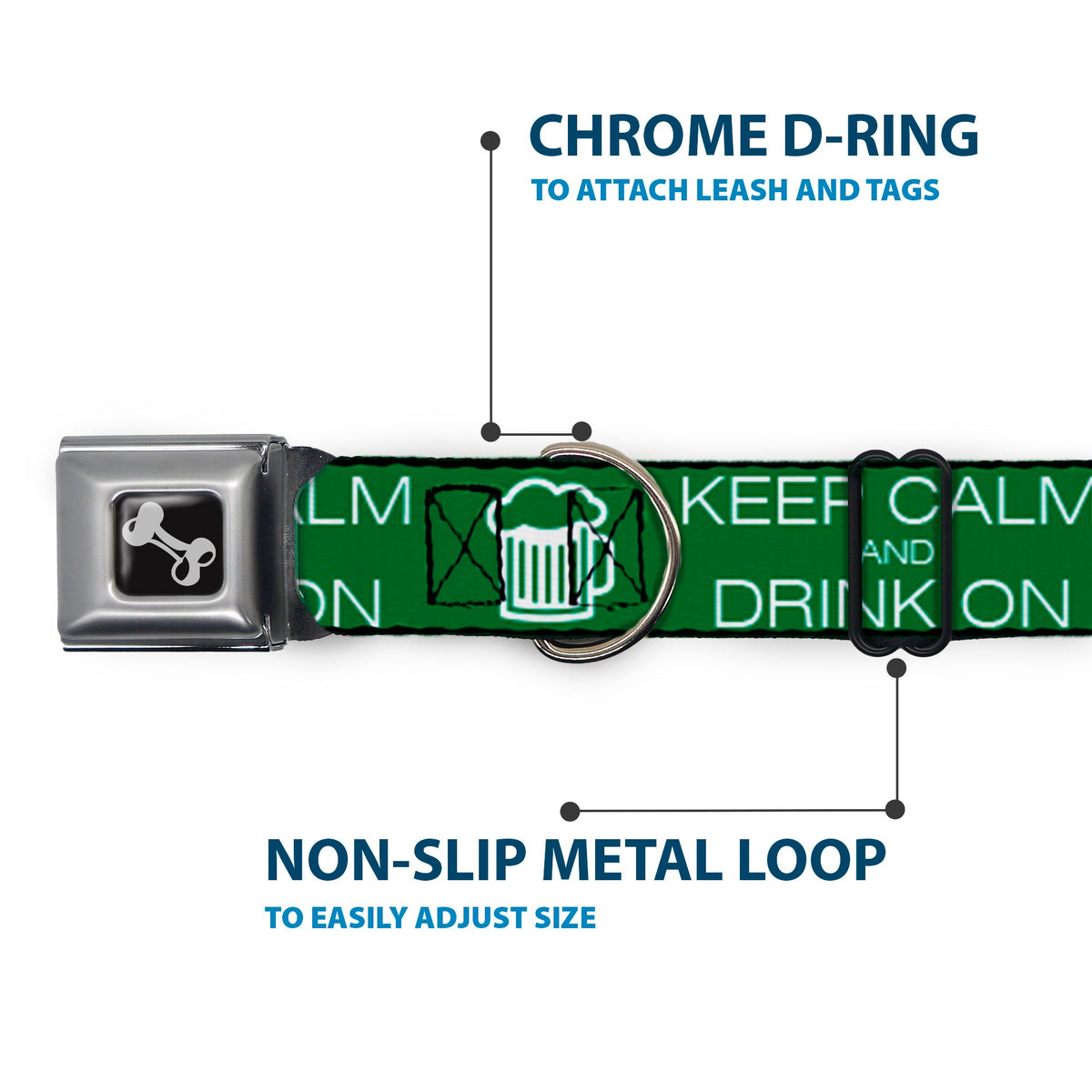 Buckle-Down Seatbelt Buckle Dog Collar - KEEP CALM AND DRINK ON/Beer Green/White