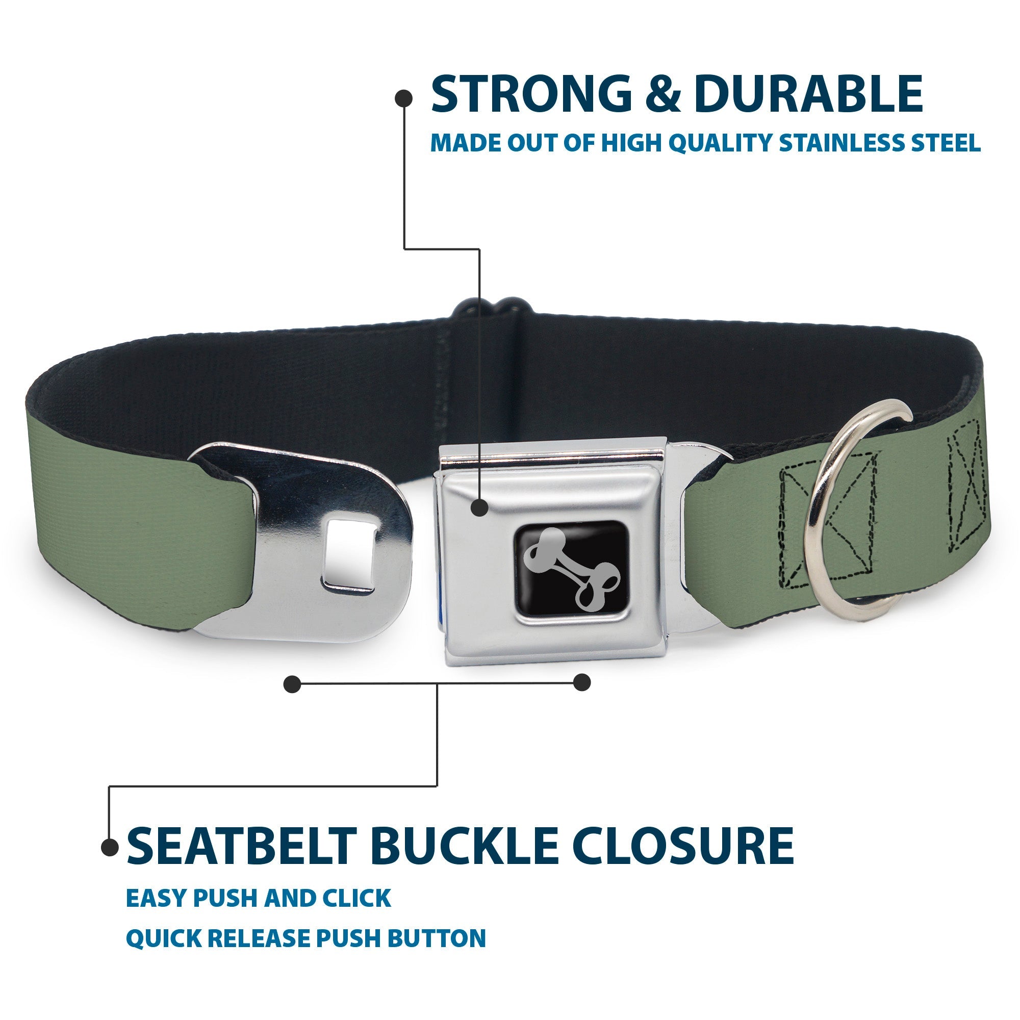 Dog Bone Seatbelt Buckle Collar - Khaki Green