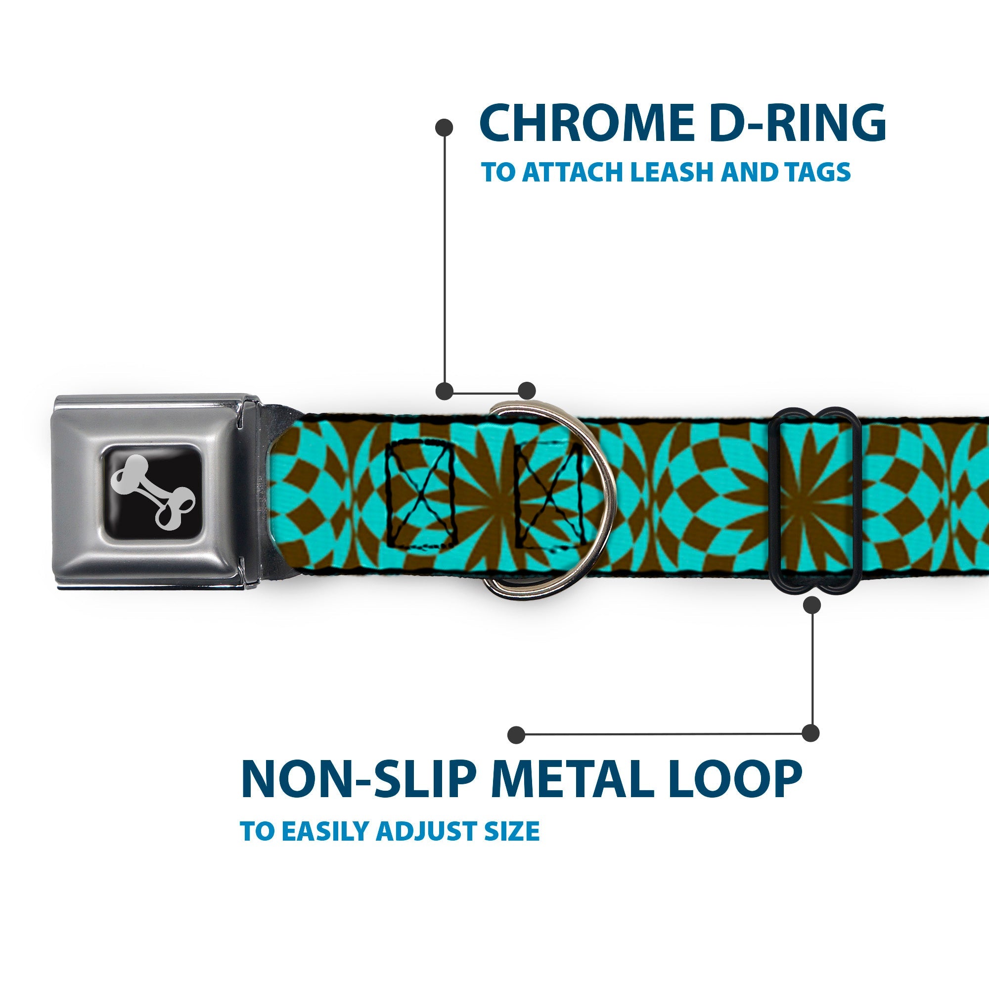Dog Bone Seatbelt Buckle Collar - Kaleidoscope Balls Turquoise/Brown