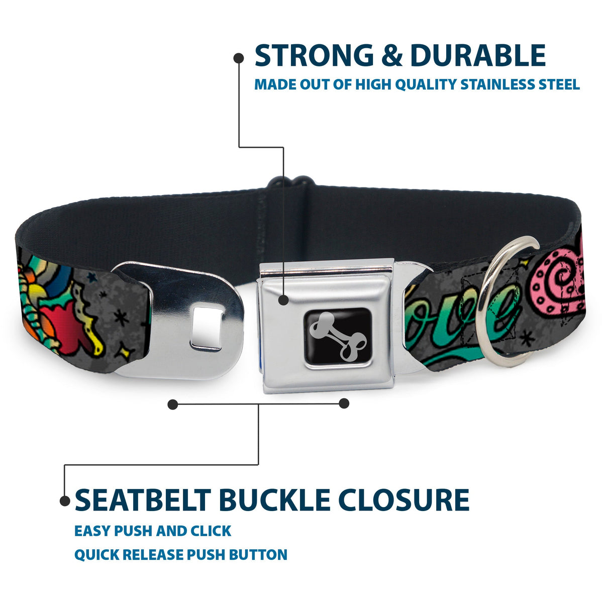 Dog Bone Seatbelt Buckle Collar - Love Kills Gray