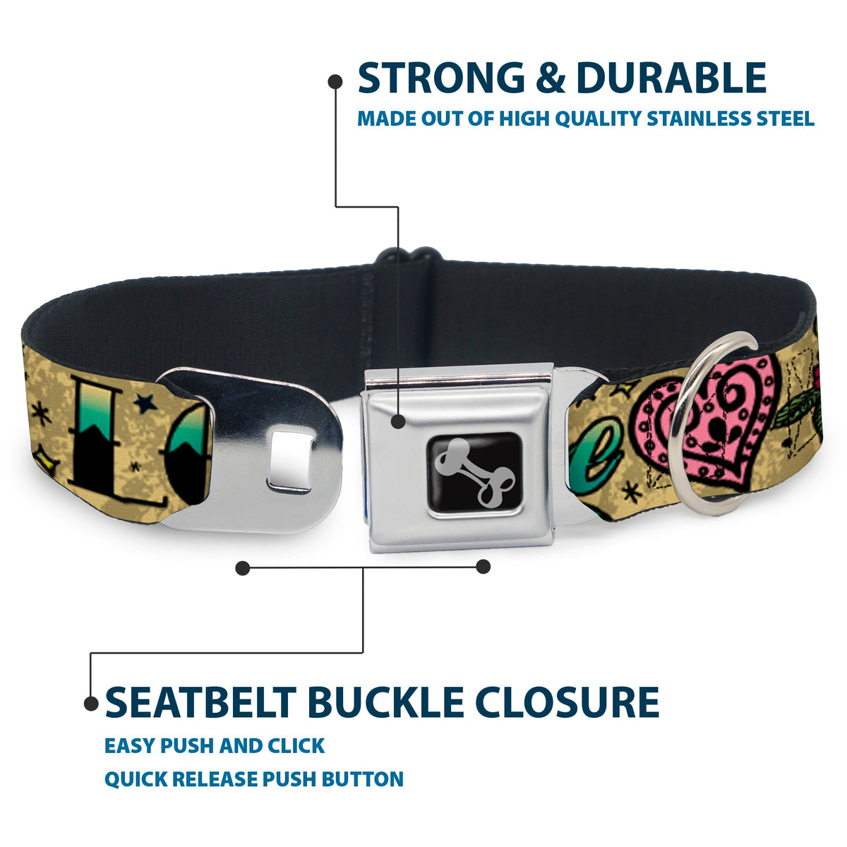 Dog Bone Seatbelt Buckle Collar - Love Kills Tan