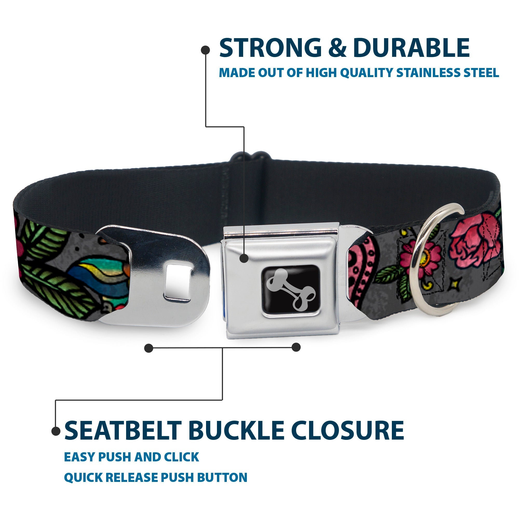 Dog Bone Seatbelt Buckle Collar - Love Kills CLOSE-UP Gray