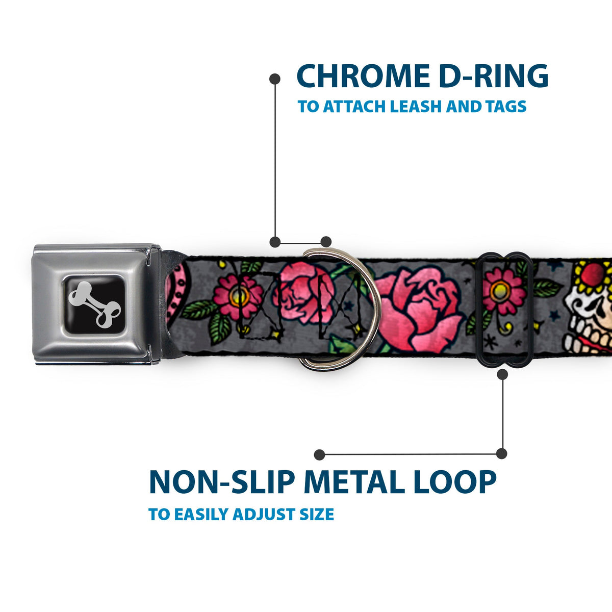 Dog Bone Seatbelt Buckle Collar - Love Kills CLOSE-UP Gray