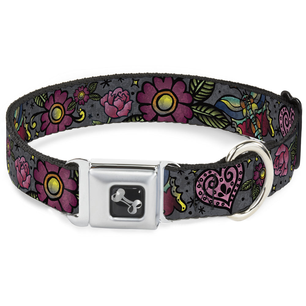 Dog Bone Seatbelt Buckle Collar - Love Kills CLOSE-UP Gray