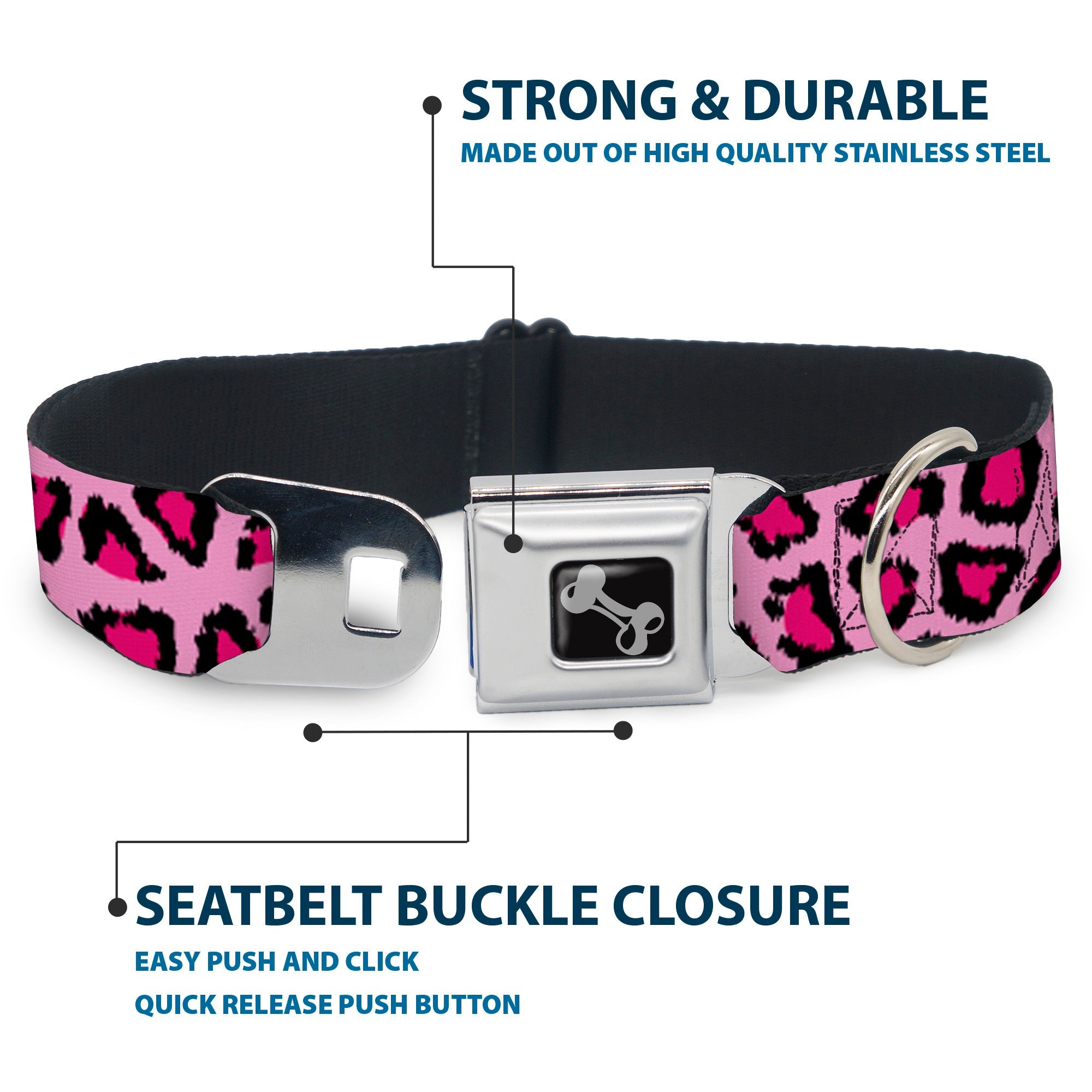 Dog Bone Seatbelt Buckle Collar - Leopard CLOSE-UP Pink