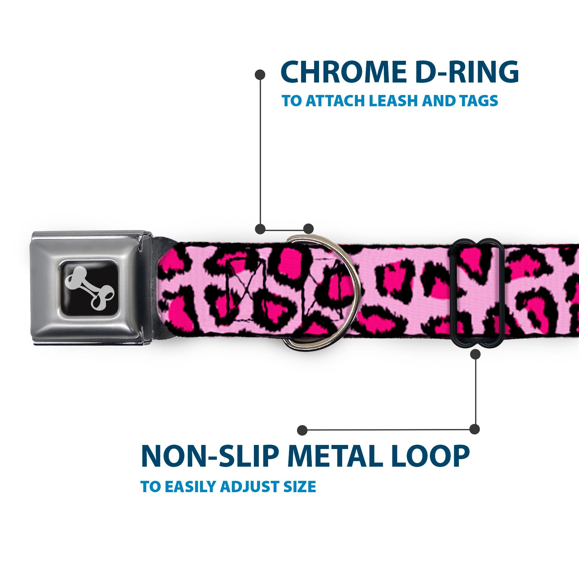 Dog Bone Seatbelt Buckle Collar - Leopard CLOSE-UP Pink
