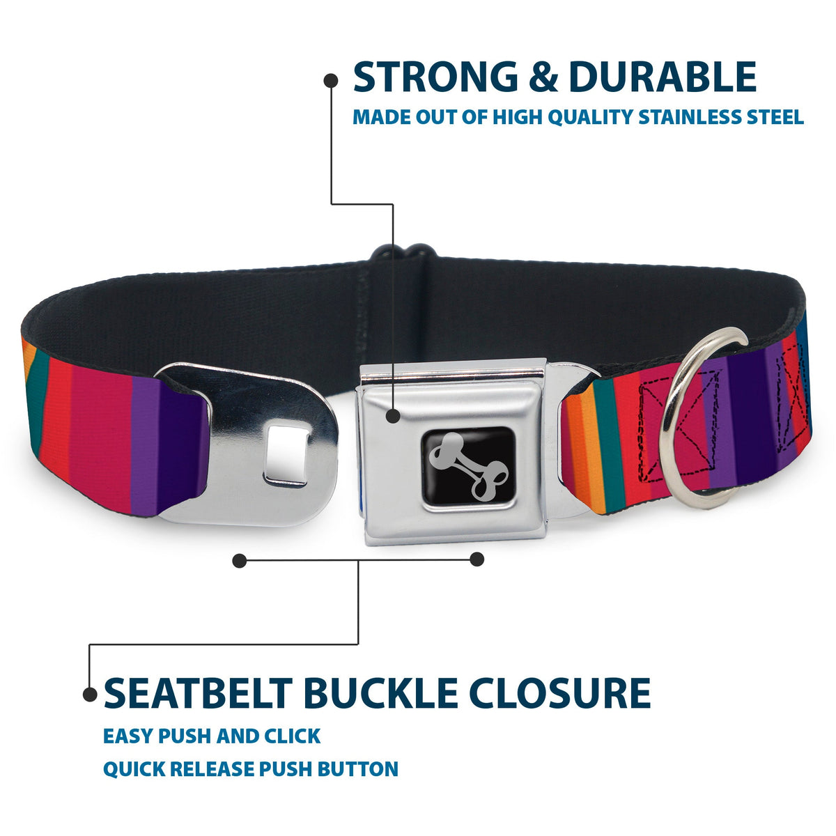 Dog Bone Seatbelt Buckle Collar - Lines Reds/Purples