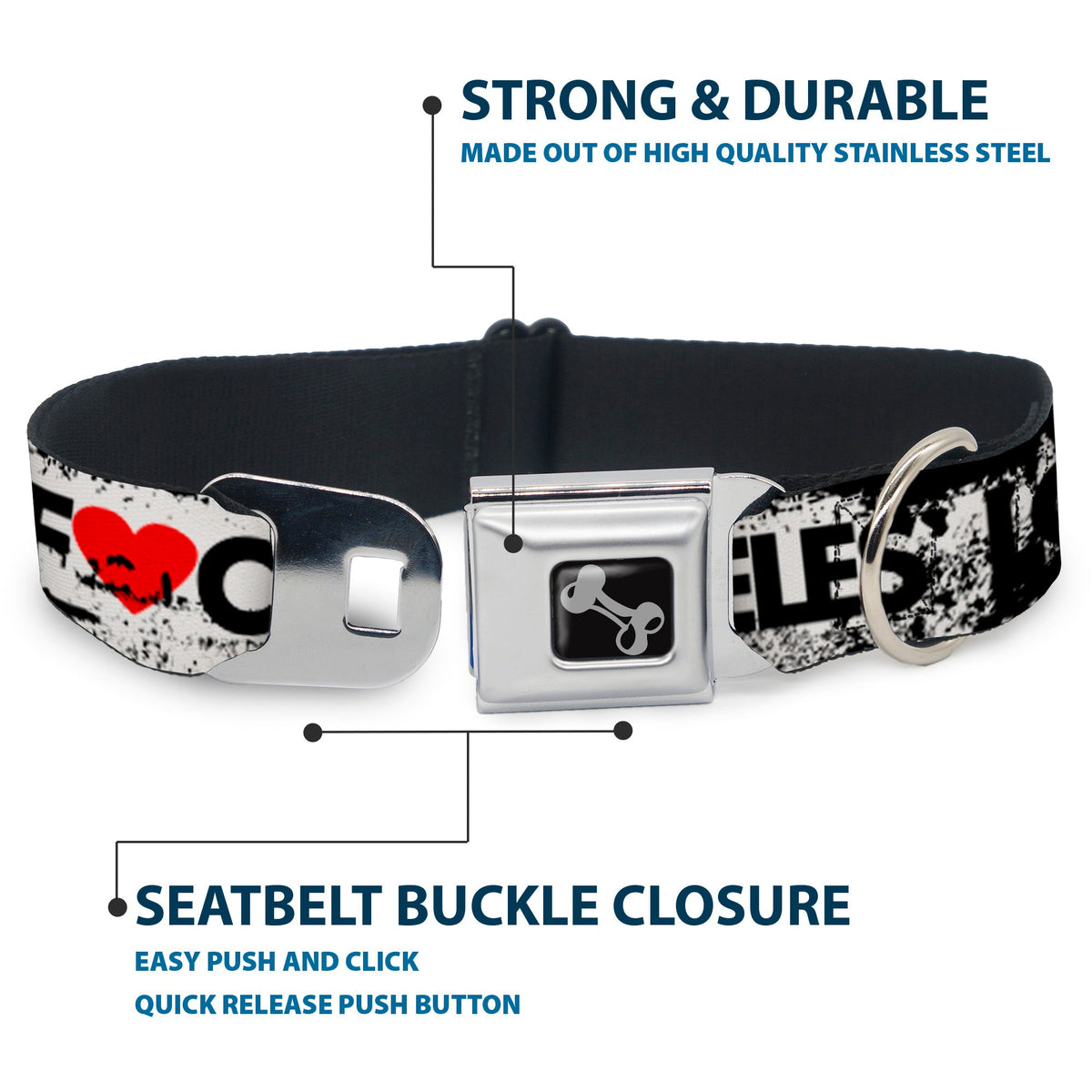 Buckle-Down Seatbelt Buckle Dog Collar - LOS F*CKIN ANGELES Heart Weathered White/Black/Red