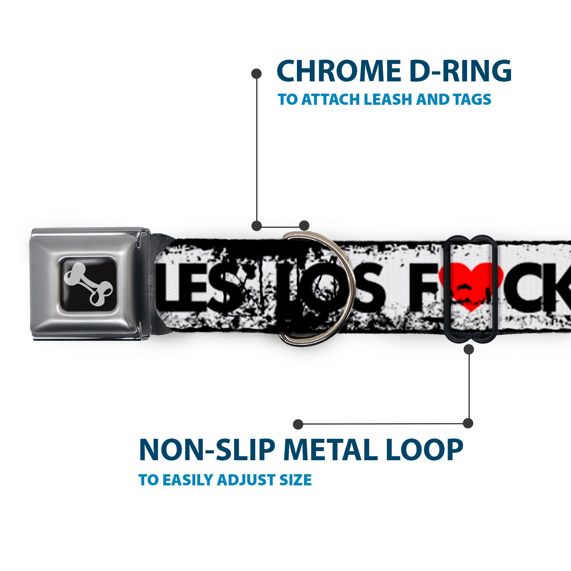 Buckle-Down Seatbelt Buckle Dog Collar - LOS F*CKIN' ANGELES Heart Weathered White/Black/Red