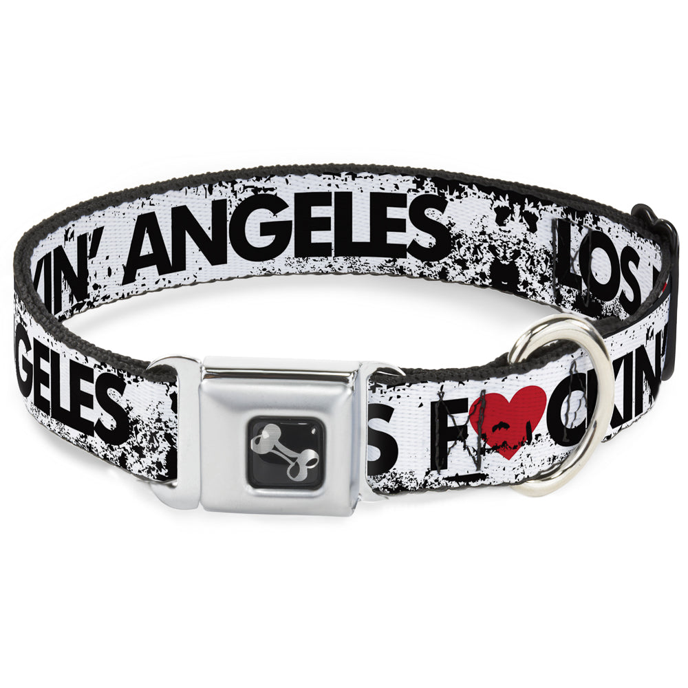 Buckle-Down Seatbelt Buckle Dog Collar - LOS F*CKIN ANGELES Heart Weathered White/Black/Red