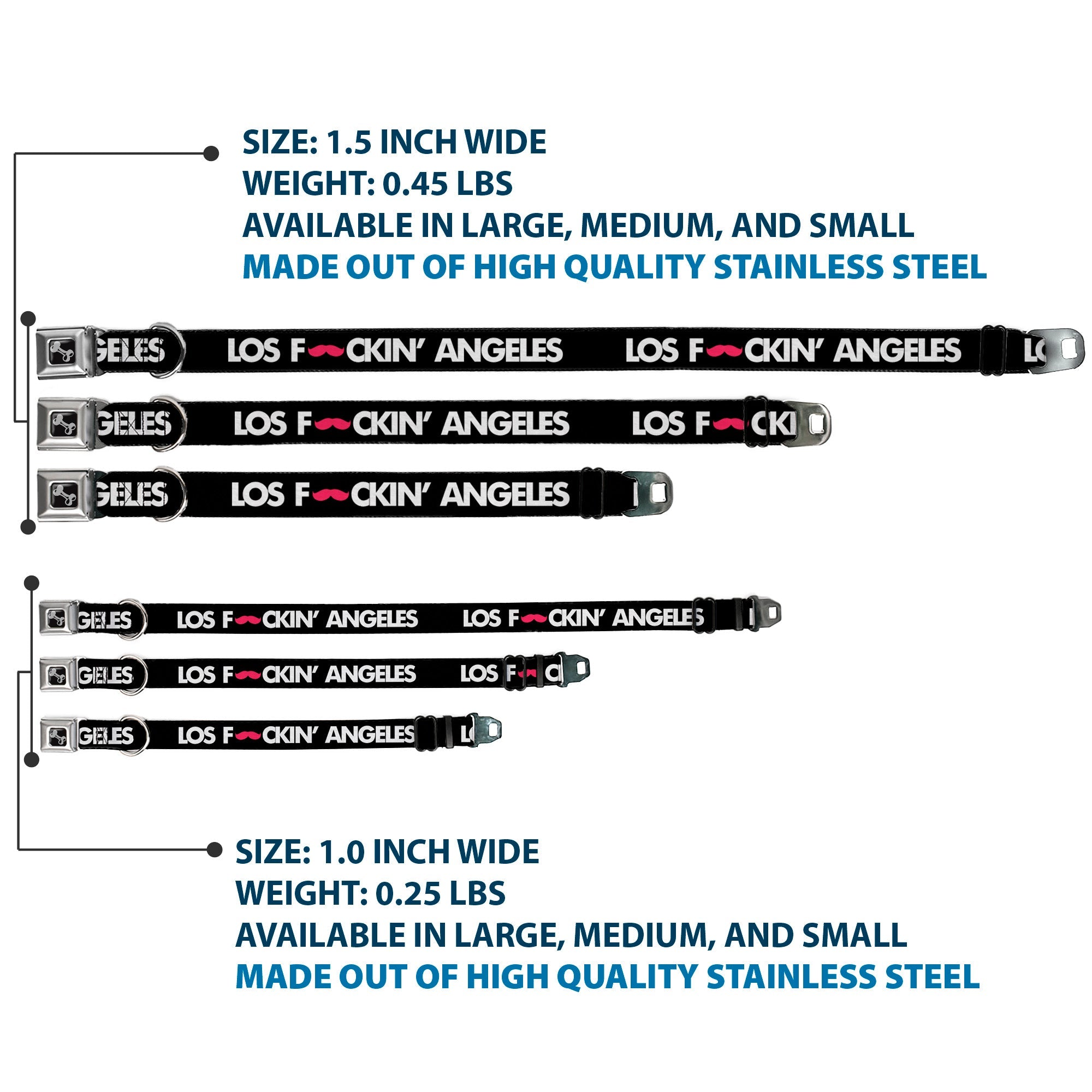 Dog Bone Seatbelt Buckle Collar - LOS F*CKIN' ANGELES Mustache Black/White/Pink