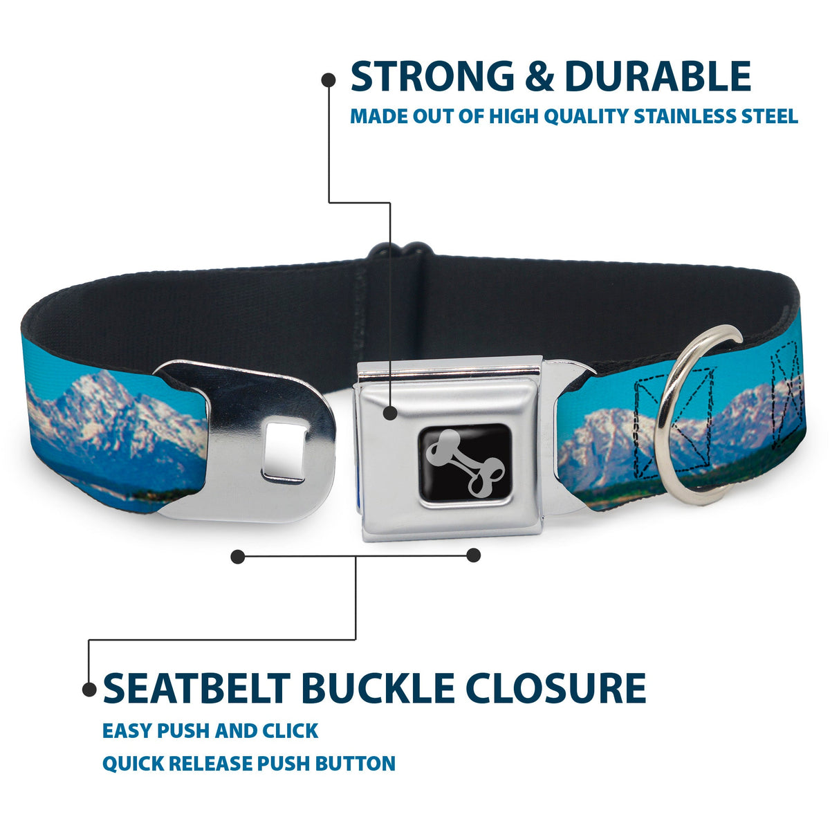 Dog Bone Seatbelt Buckle Collar - Landscape Snowy Mountains