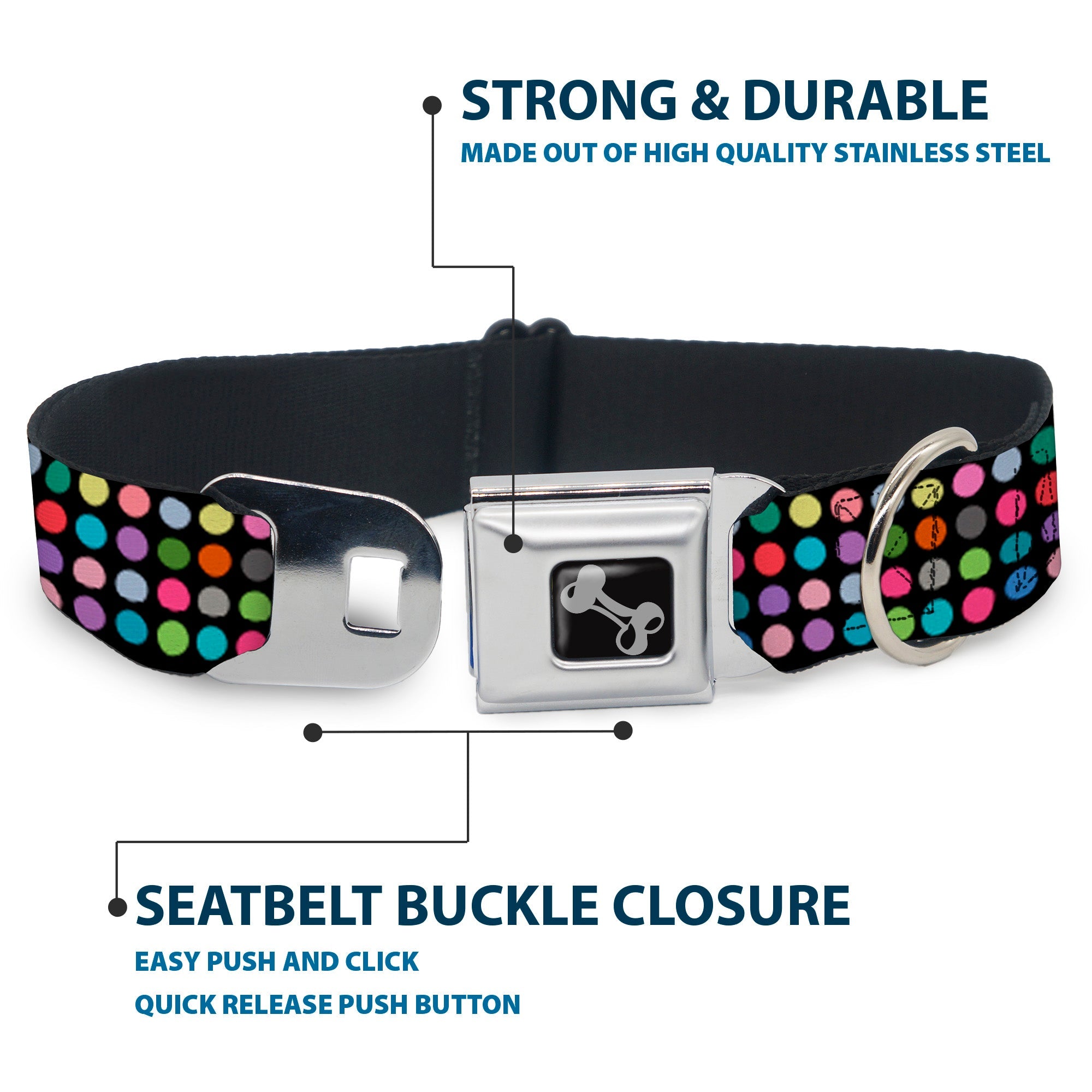 Dog Bone Seatbelt Buckle Collar - Mini Polka Dots Black/Multi Color