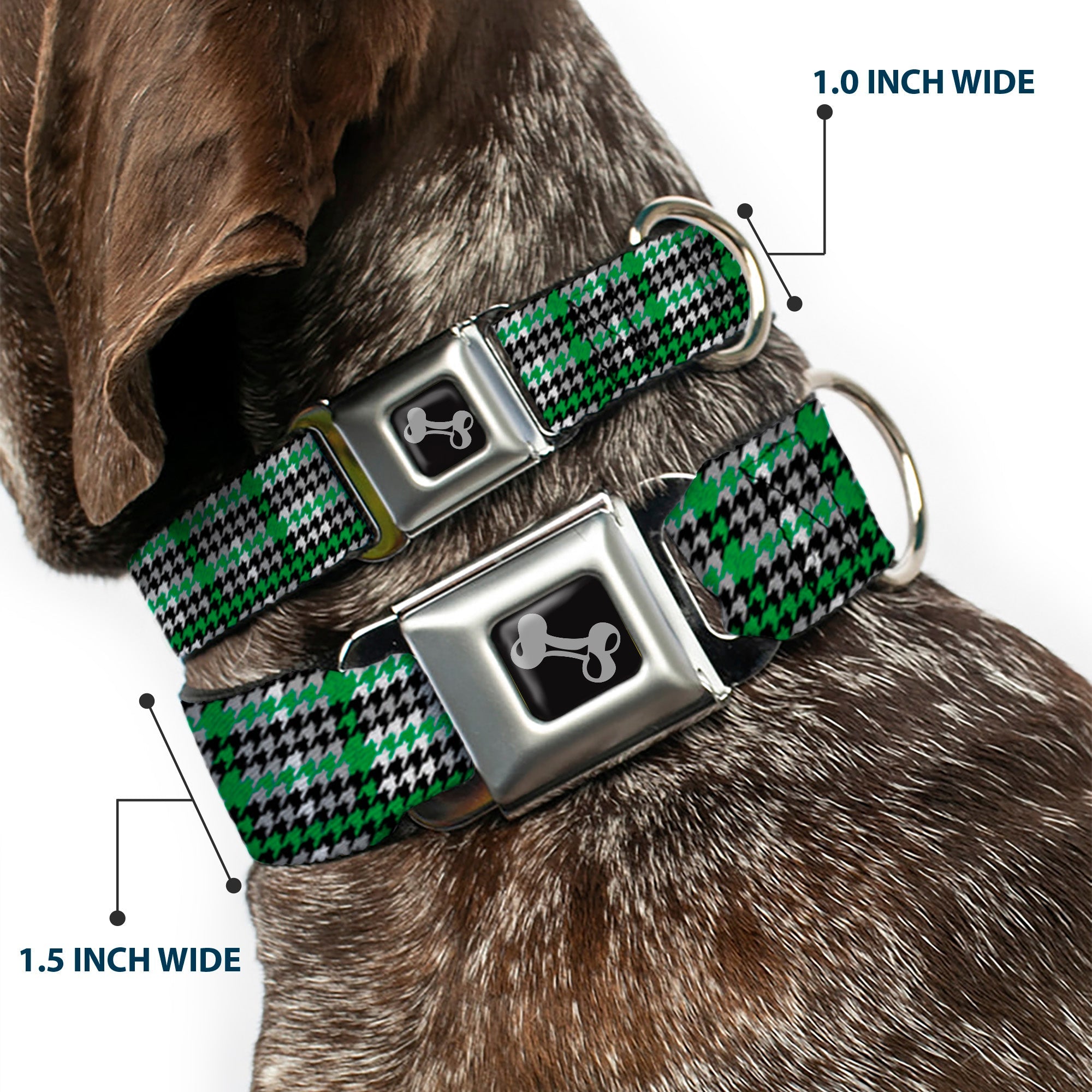 Dog Bone Seatbelt Buckle Collar - Mini Houndstooth Green/Black/Gray