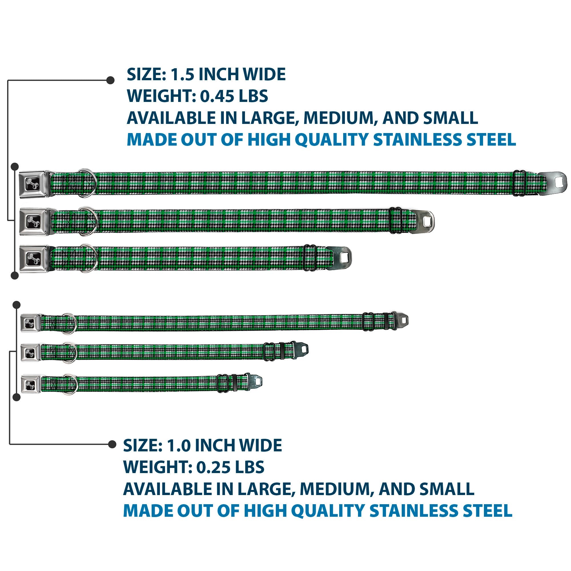 Dog Bone Seatbelt Buckle Collar - Mini Houndstooth Green/Black/Gray
