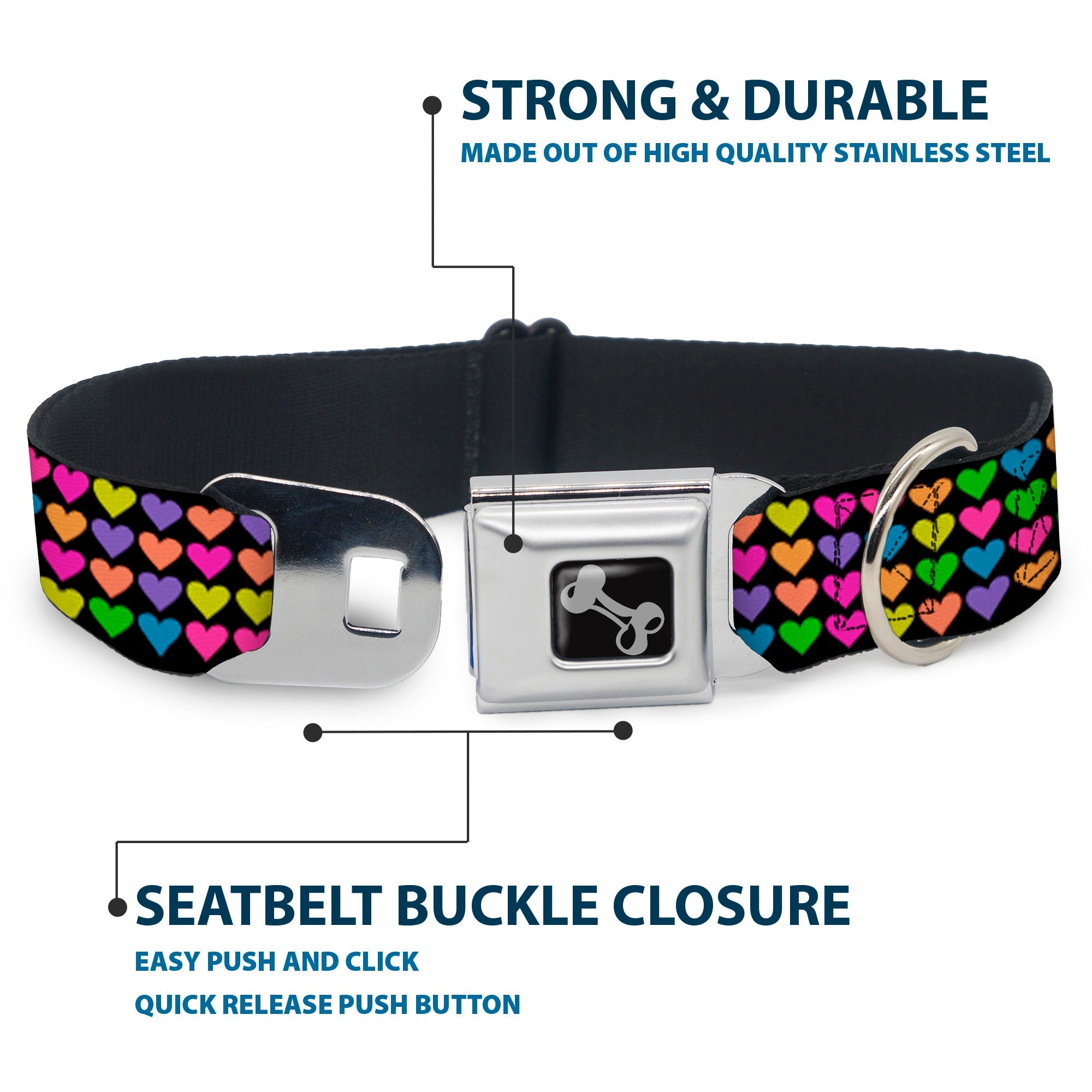 Dog Bone Seatbelt Buckle Collar - Mini Hearts Black/Multi Neon