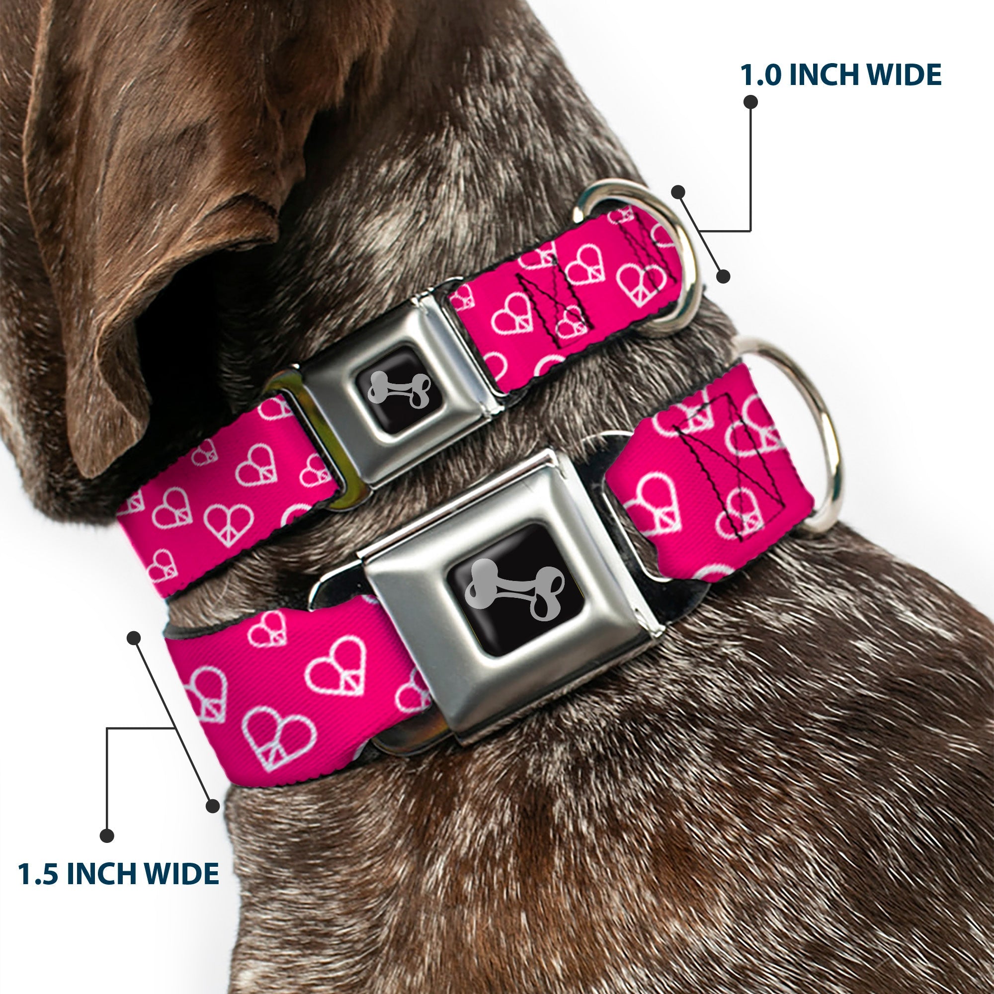 Dog Bone Seatbelt Buckle Collar - Mini Peace Hearts Fuchsia/White