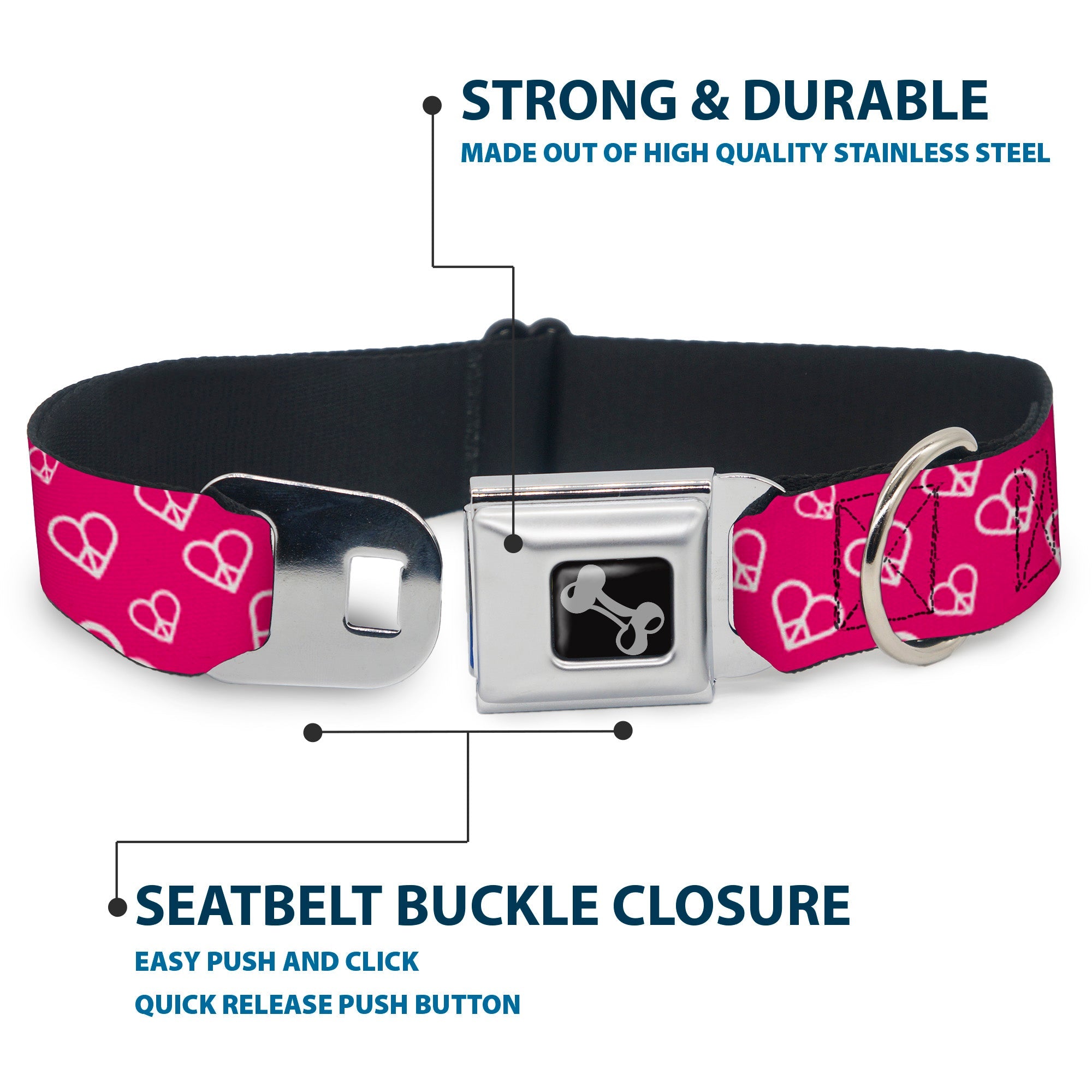 Dog Bone Seatbelt Buckle Collar - Mini Peace Hearts Fuchsia/White
