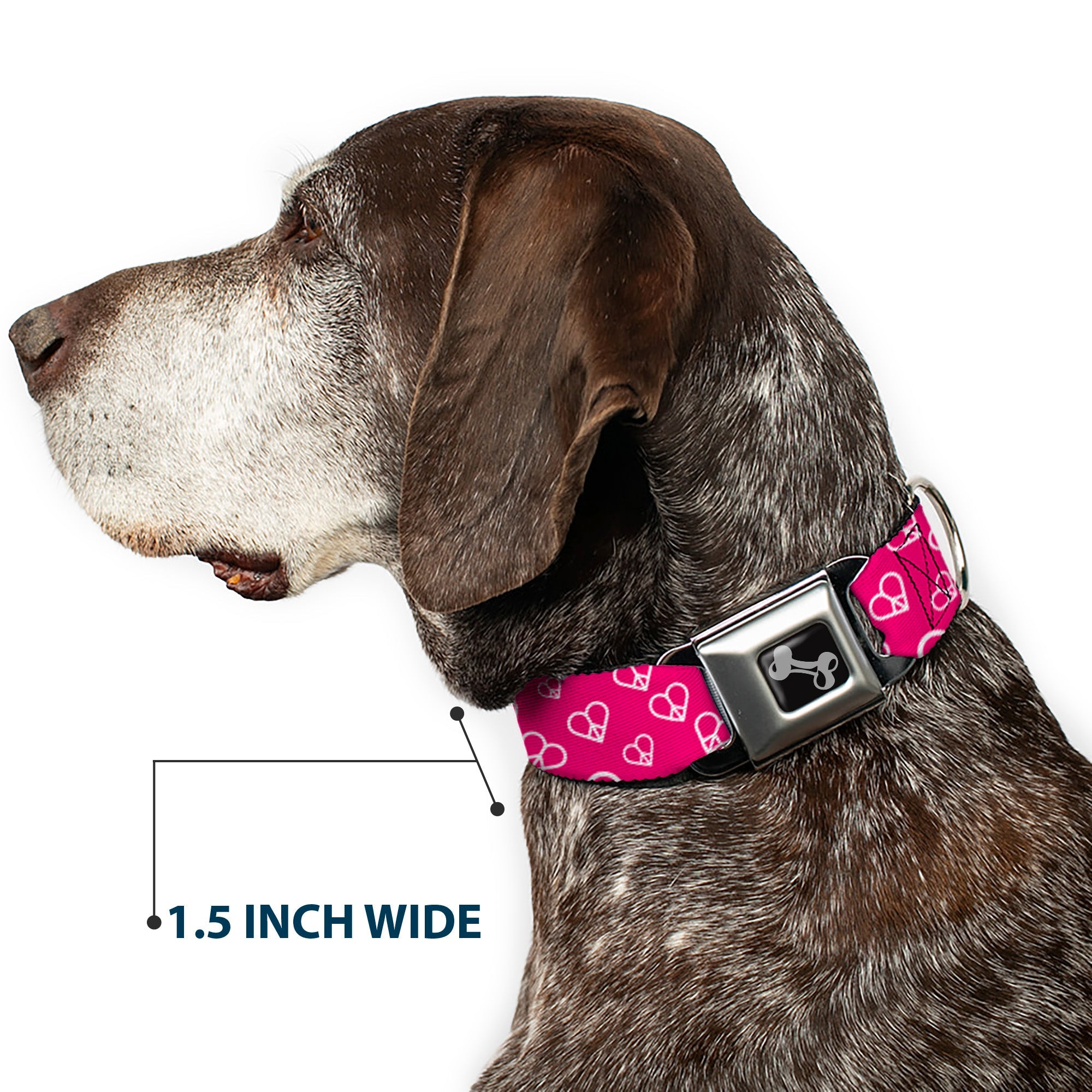 Dog Bone Seatbelt Buckle Collar - Mini Peace Hearts Fuchsia/White