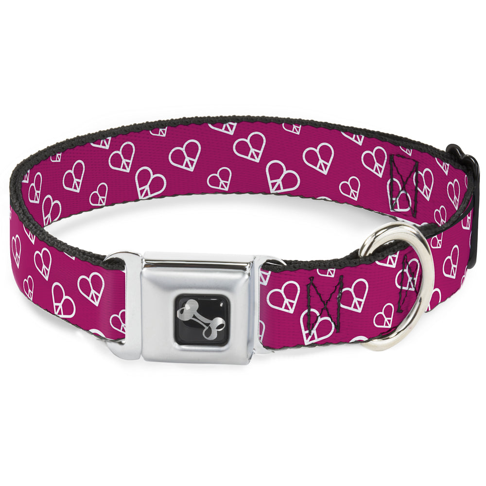 Dog Bone Seatbelt Buckle Collar - Mini Peace Hearts Fuchsia/White
