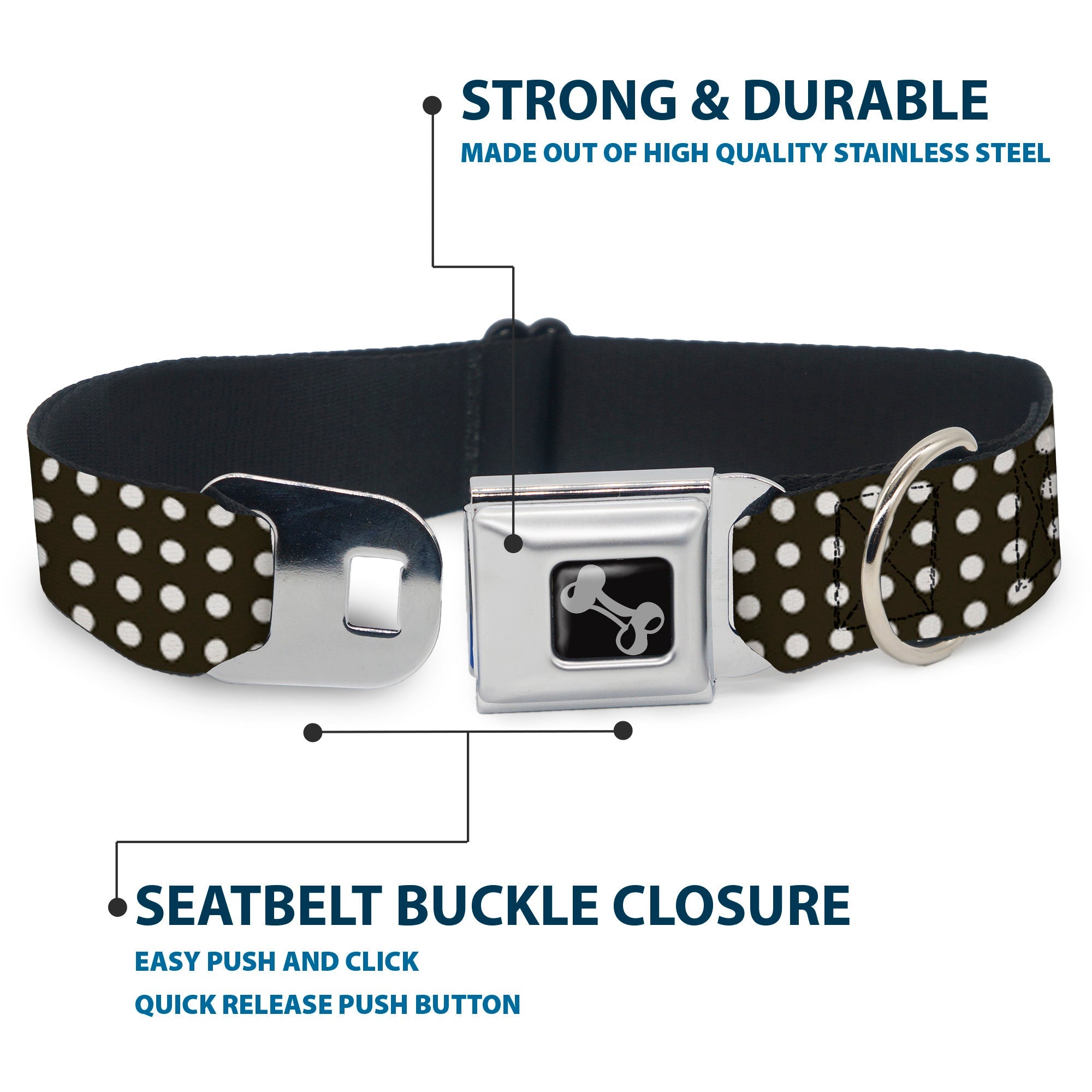 Dog Bone Seatbelt Buckle Collar - Micro Polka Dots Black/White