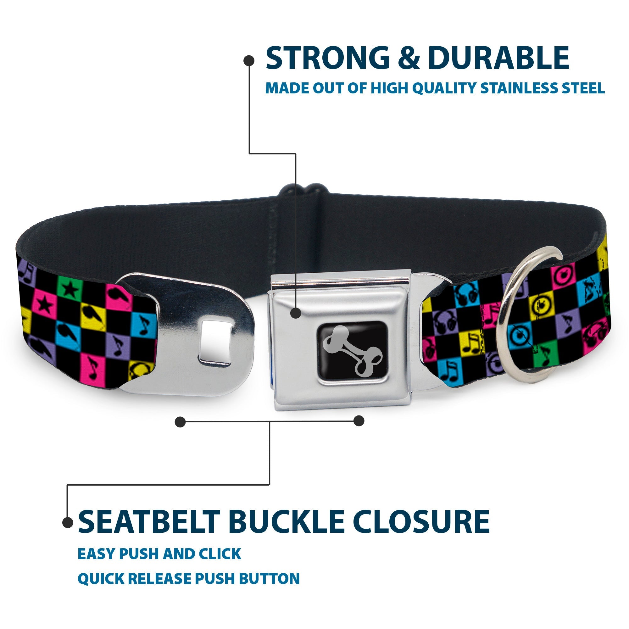 Dog Bone Seatbelt Buckle Collar - Musical Checkers Black/Neon