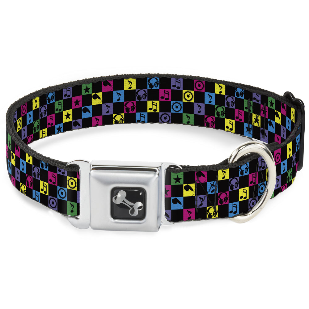 Dog Bone Seatbelt Buckle Collar - Musical Checkers Black/Neon