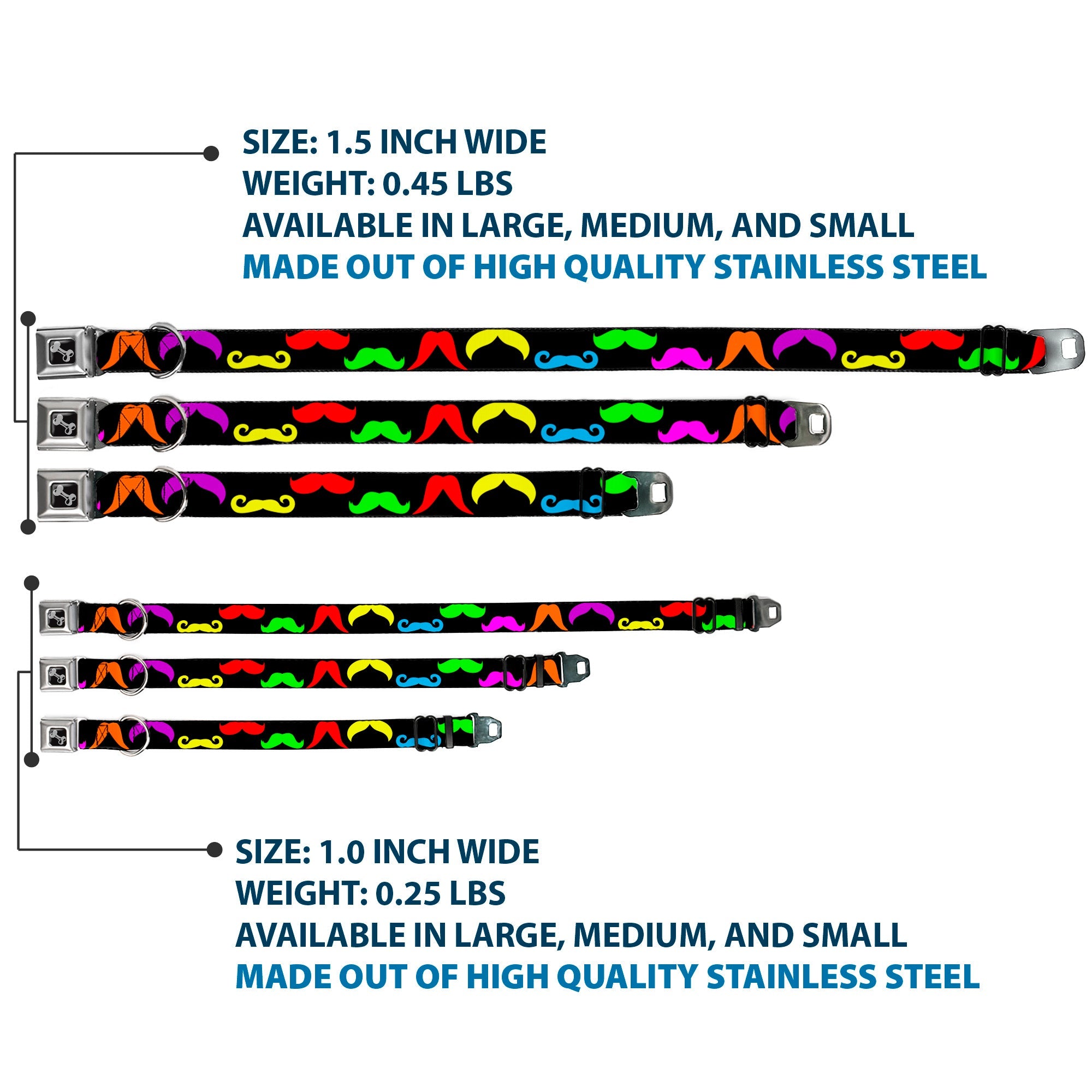 Dog Bone Seatbelt Buckle Collar - Mustaches Black/Multi Color