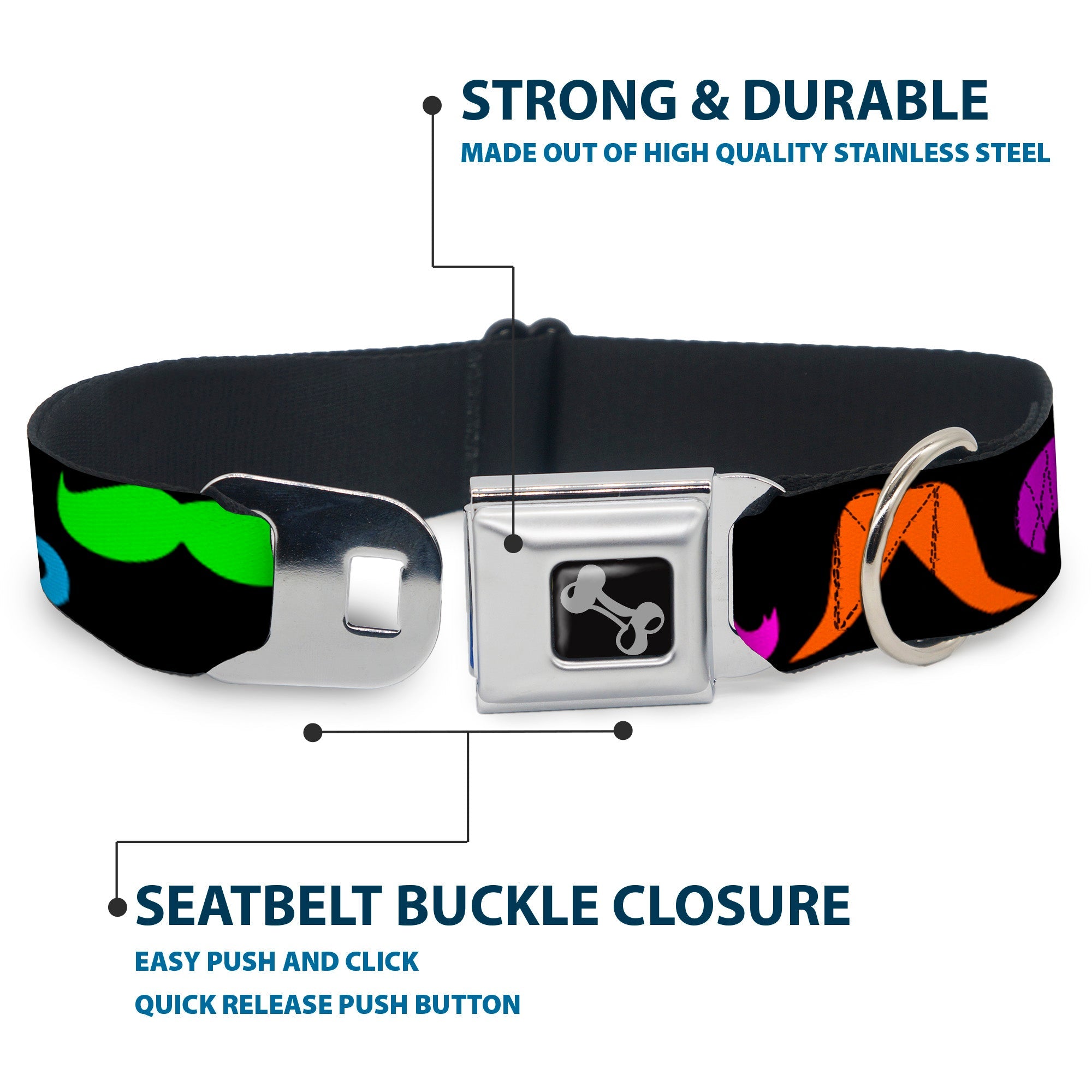 Dog Bone Seatbelt Buckle Collar - Mustaches Black/Multi Color