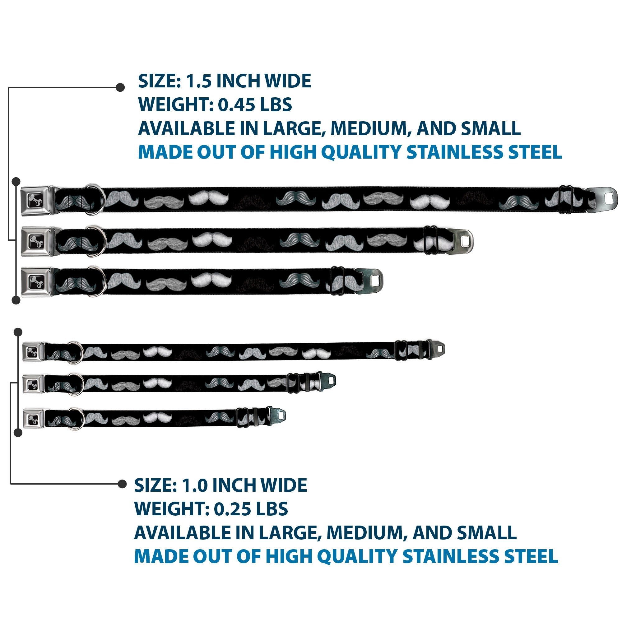 Dog Bone Seatbelt Buckle Collar - Mustache Sketch Black/White