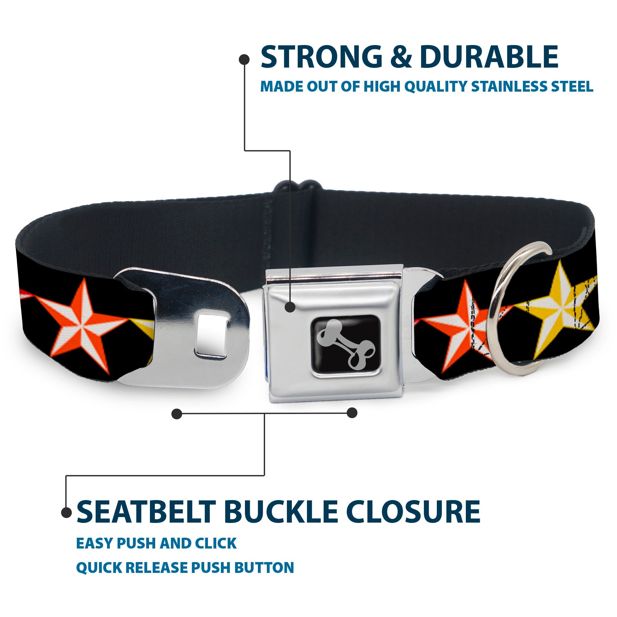 Dog Bone Seatbelt Buckle Collar - Nautical Star Black/Multi Color