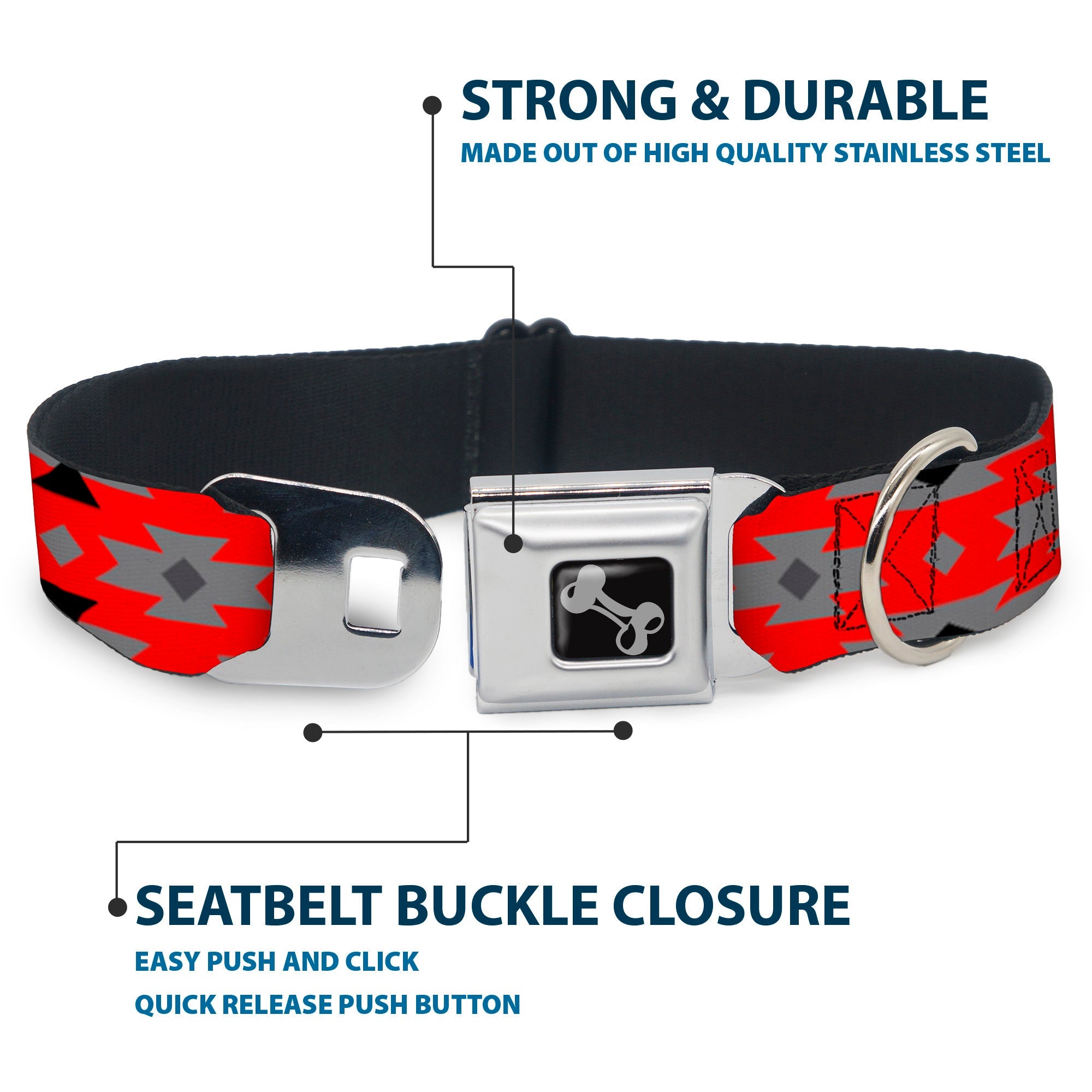 Dog Bone Seatbelt Buckle Collar - Navajo Gray/Red/Gray/Black