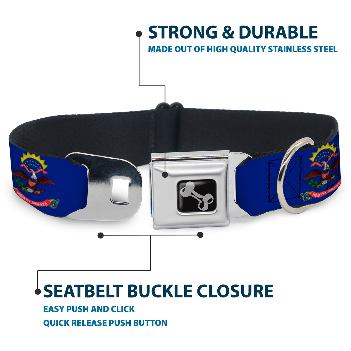 Dog Bone Seatbelt Buckle Collar - North Dakota Flags