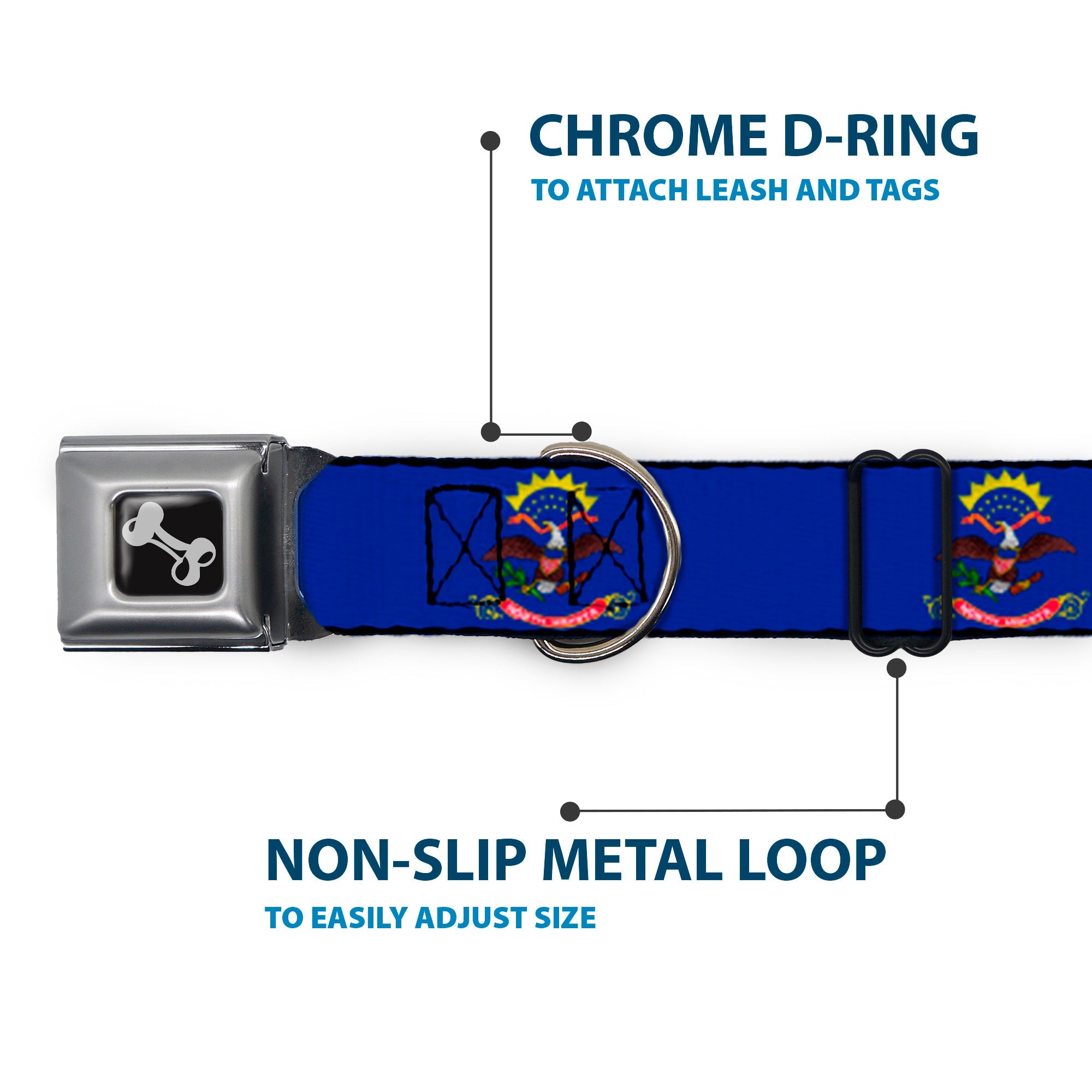 Dog Bone Seatbelt Buckle Collar - North Dakota Flags