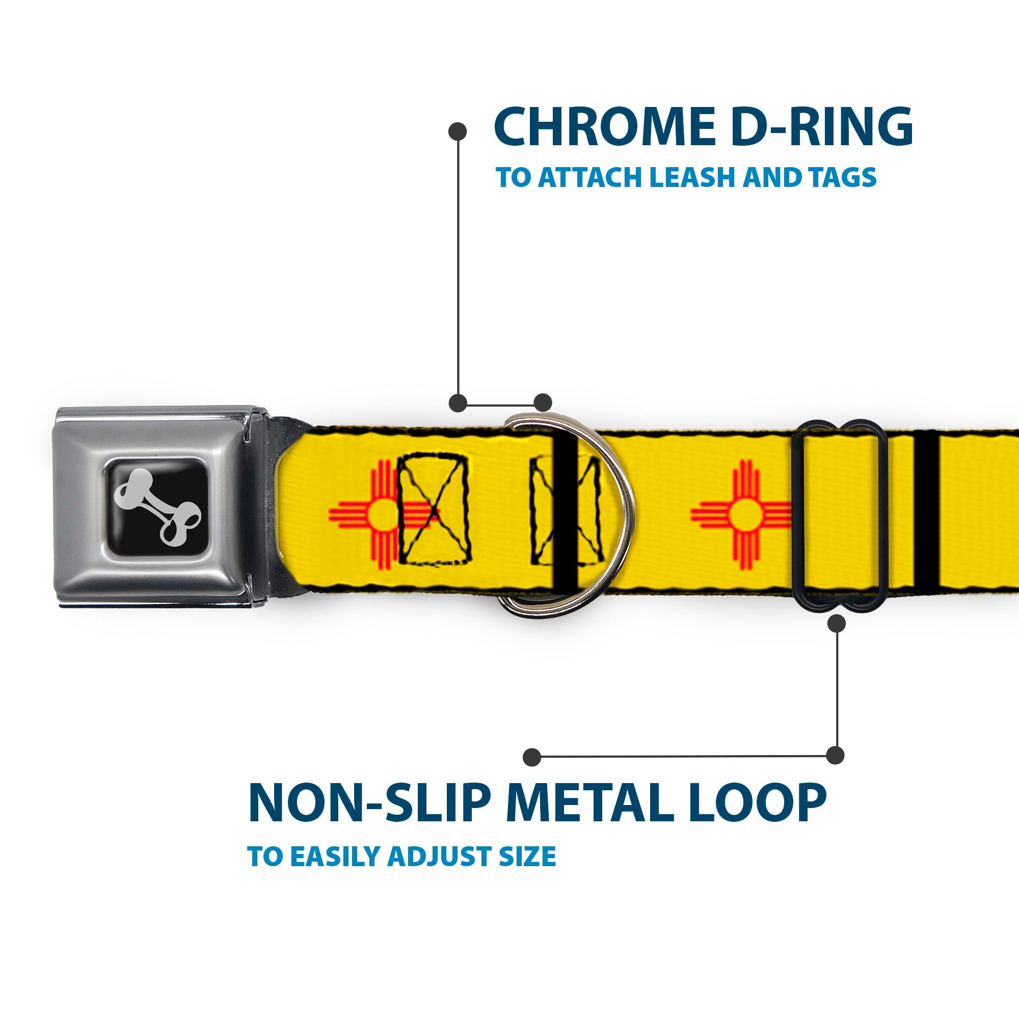 Dog Bone Seatbelt Buckle Collar - New Mexico Flag/Black