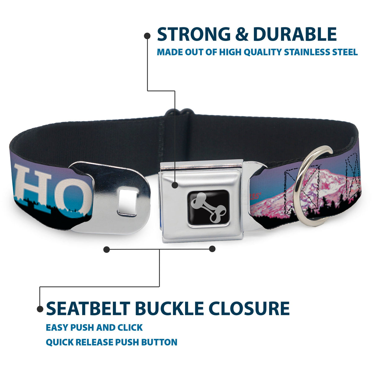 Dog Bone Seatbelt Buckle Collar - Oregon MT. HOOD Scenery Blues/Purples/Black/White