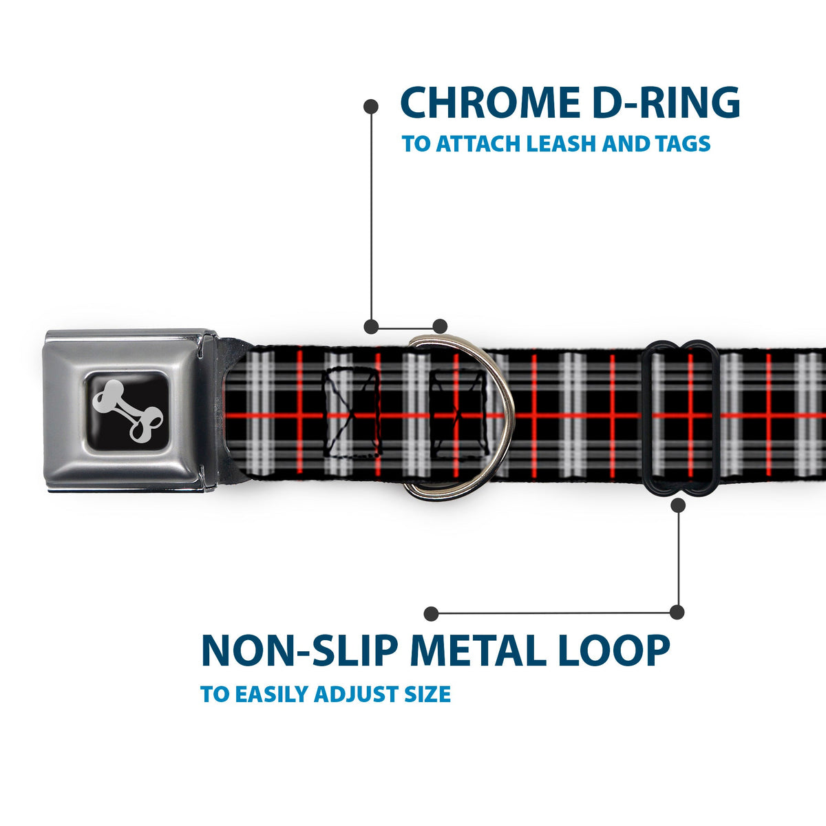 Dog Bone Seatbelt Buckle Collar - Plaid Black/Red