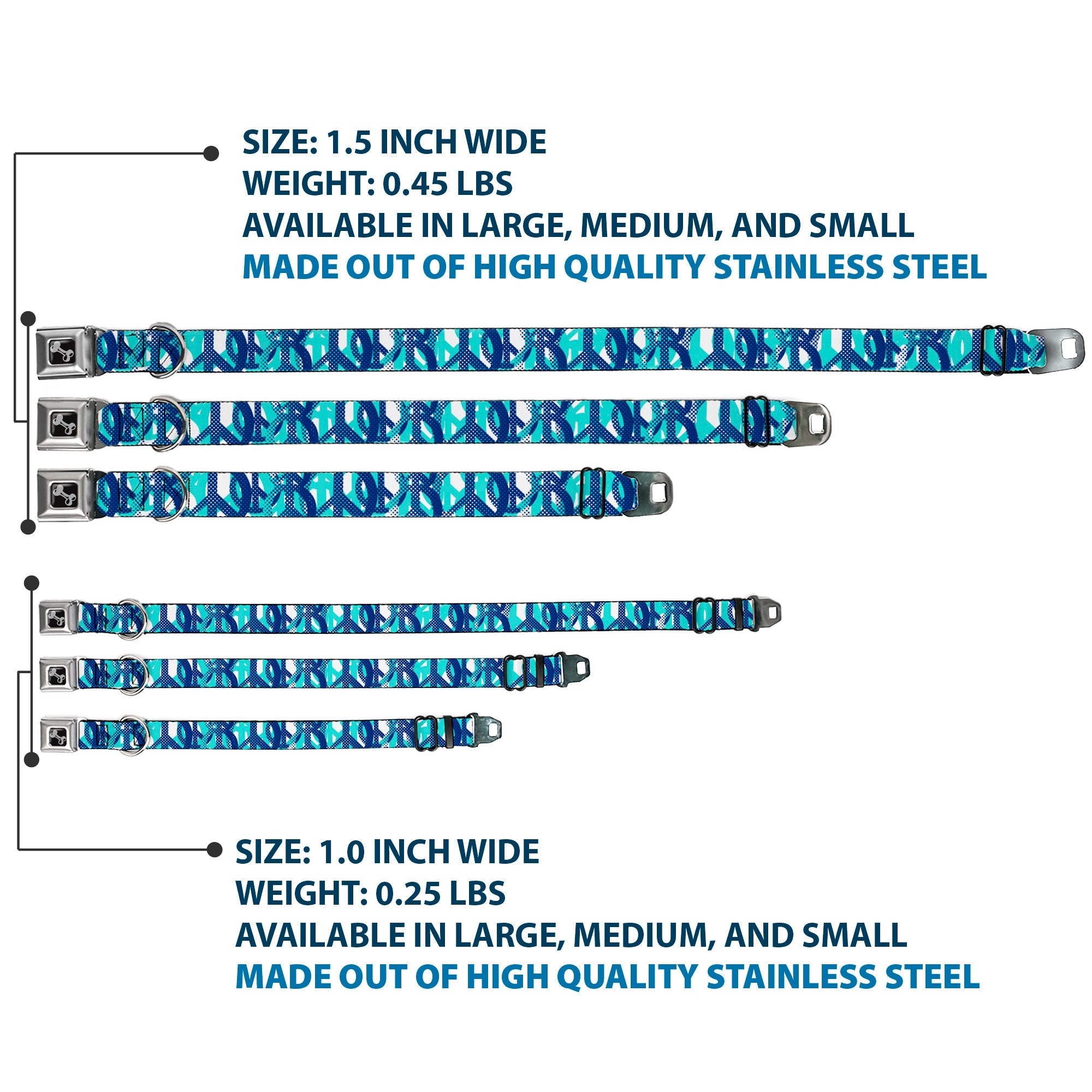 Dog Bone Seatbelt Buckle Collar - Peace Dots White/Blue