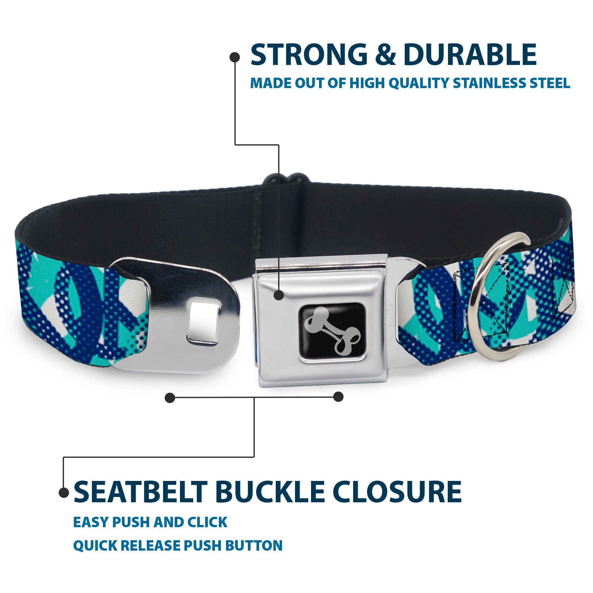 Dog Bone Seatbelt Buckle Collar - Peace Dots White/Blue