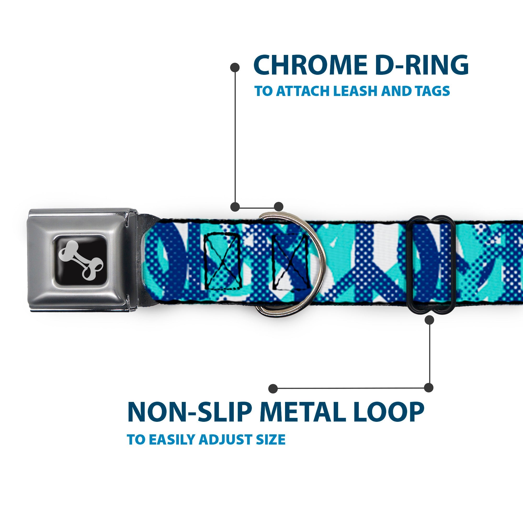 Dog Bone Seatbelt Buckle Collar - Peace Dots White/Blue