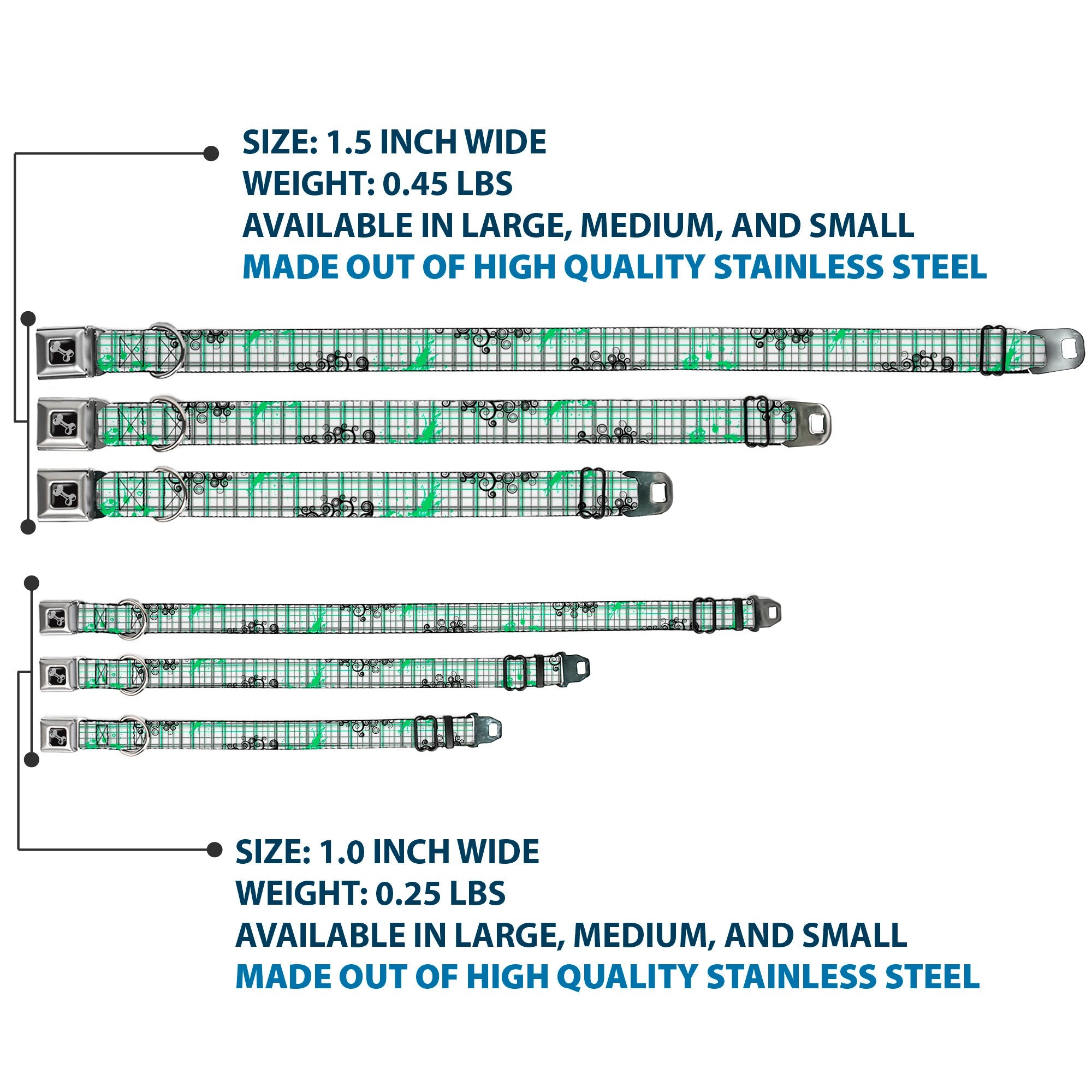 Dog Bone Seatbelt Buckle Collar - Plaid Curls White/Black/Gray/Green