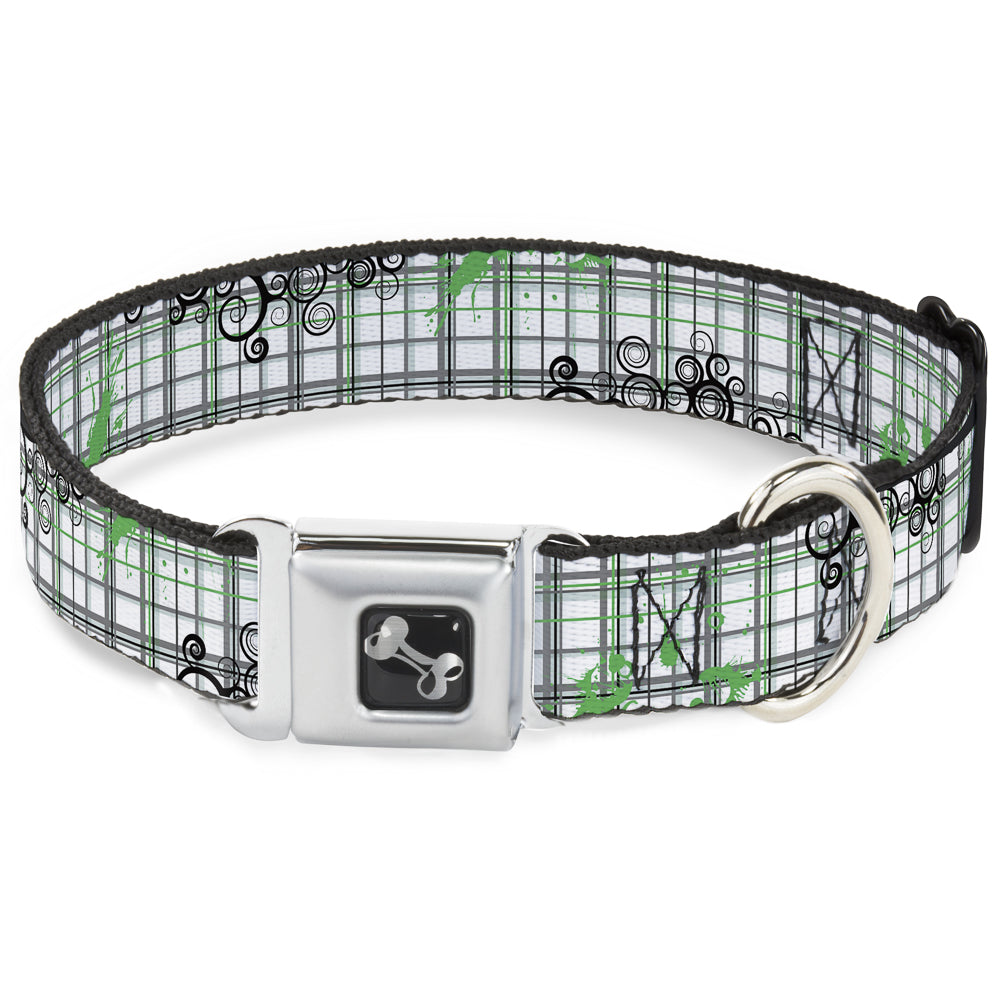 Dog Bone Seatbelt Buckle Collar - Plaid Curls White/Black/Gray/Green