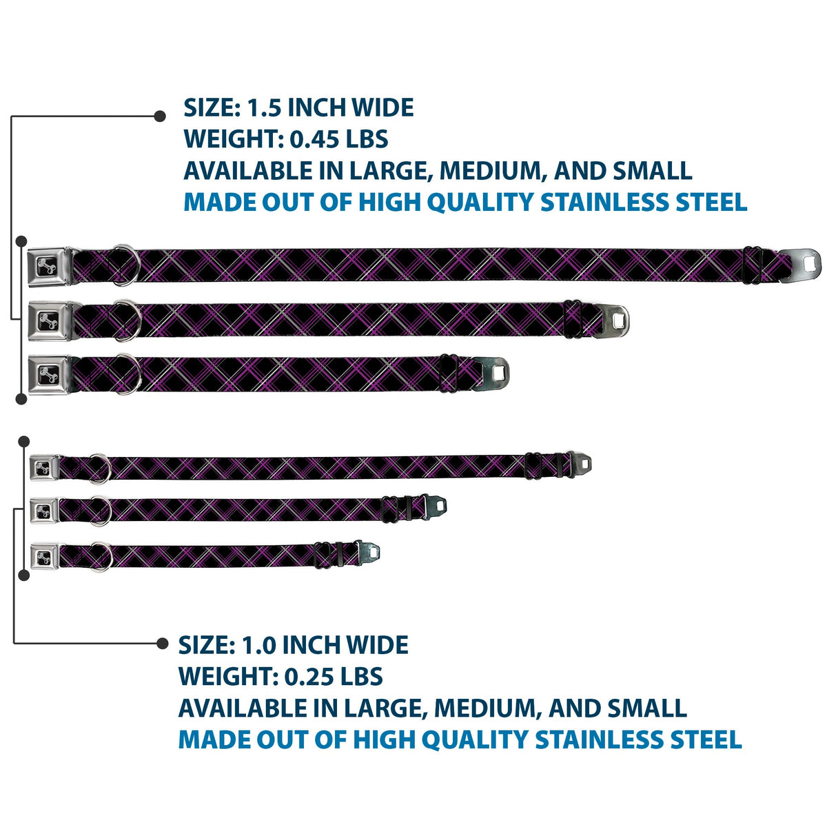 Dog Bone Seatbelt Buckle Collar - Plaid Black/Purple/Gray