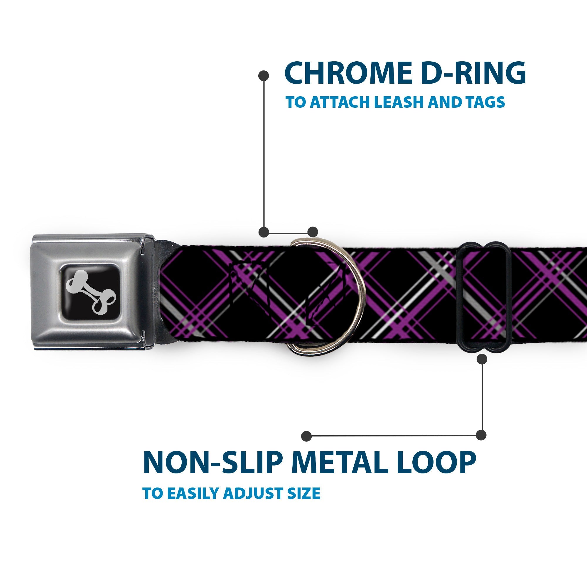Dog Bone Seatbelt Buckle Collar - Plaid Black/Purple/Gray