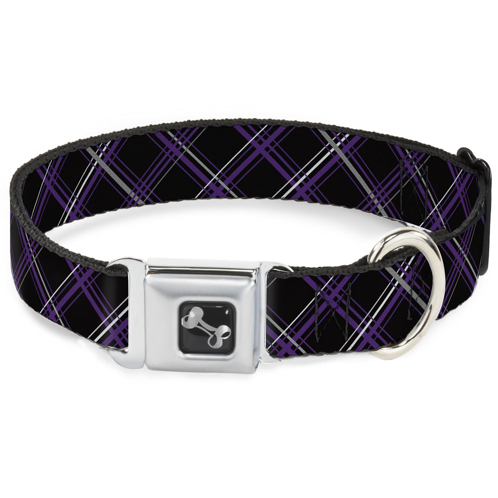 Dog Bone Seatbelt Buckle Collar - Plaid Black/Purple/Gray