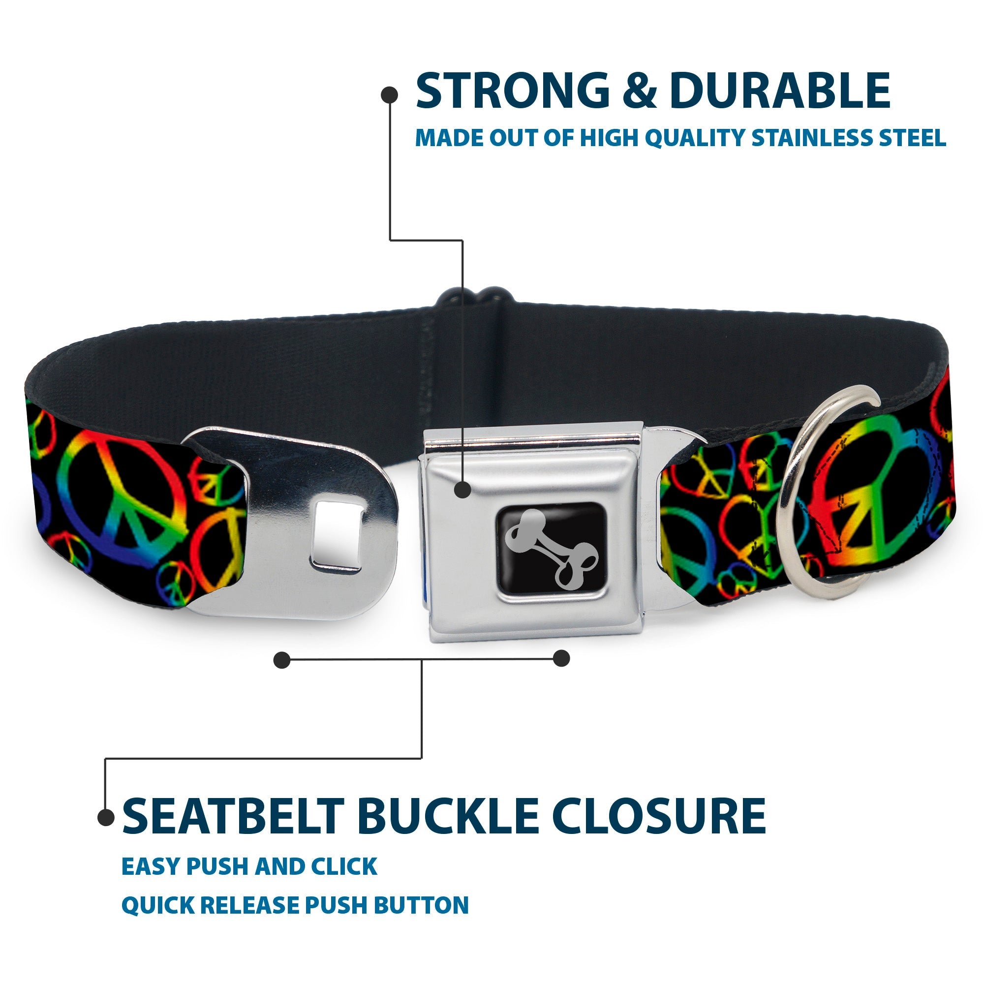 Dog Bone Seatbelt Buckle Collar - Peace Heart Black/Rainbow Ombre