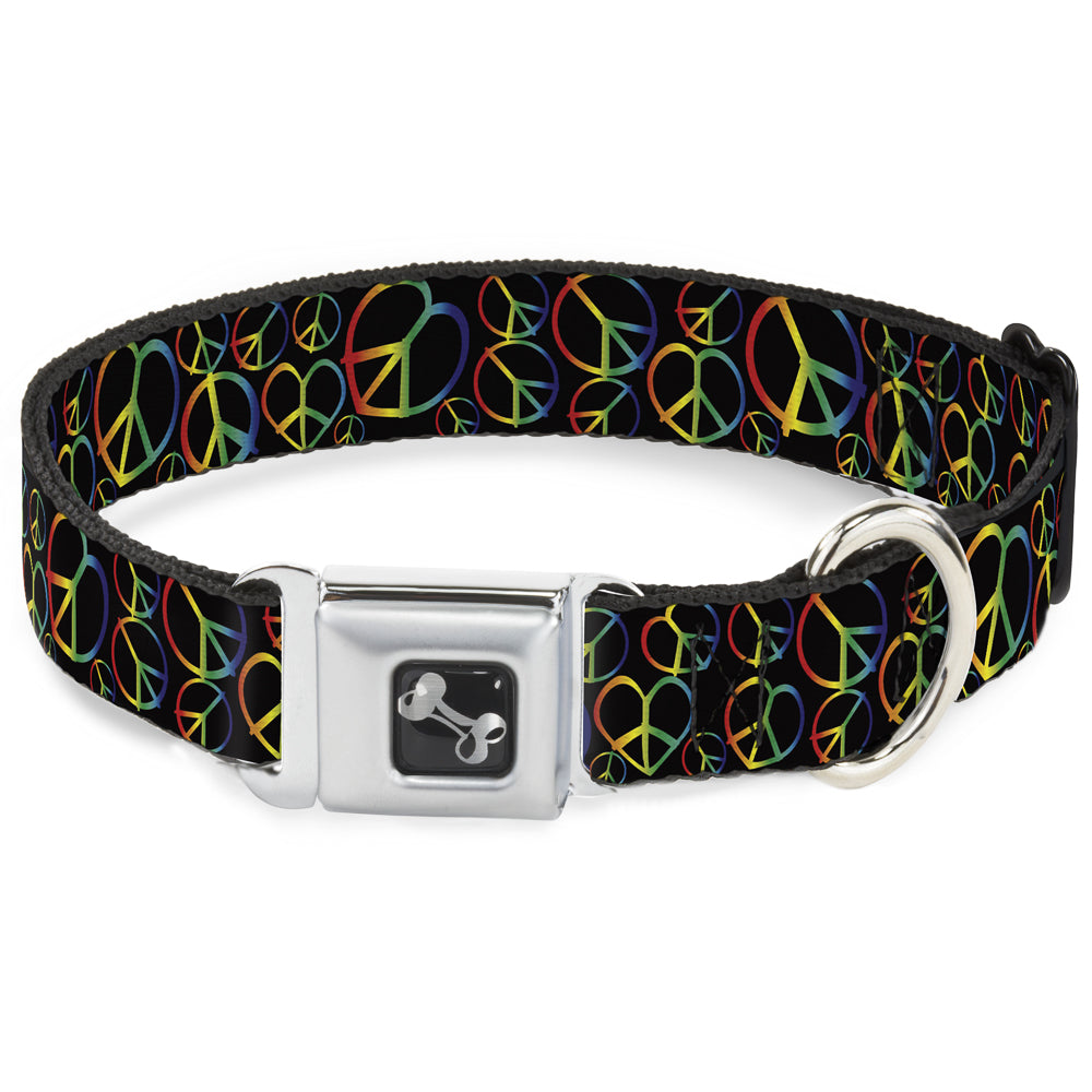 Dog Bone Seatbelt Buckle Collar - Peace Heart Black/Rainbow Ombre