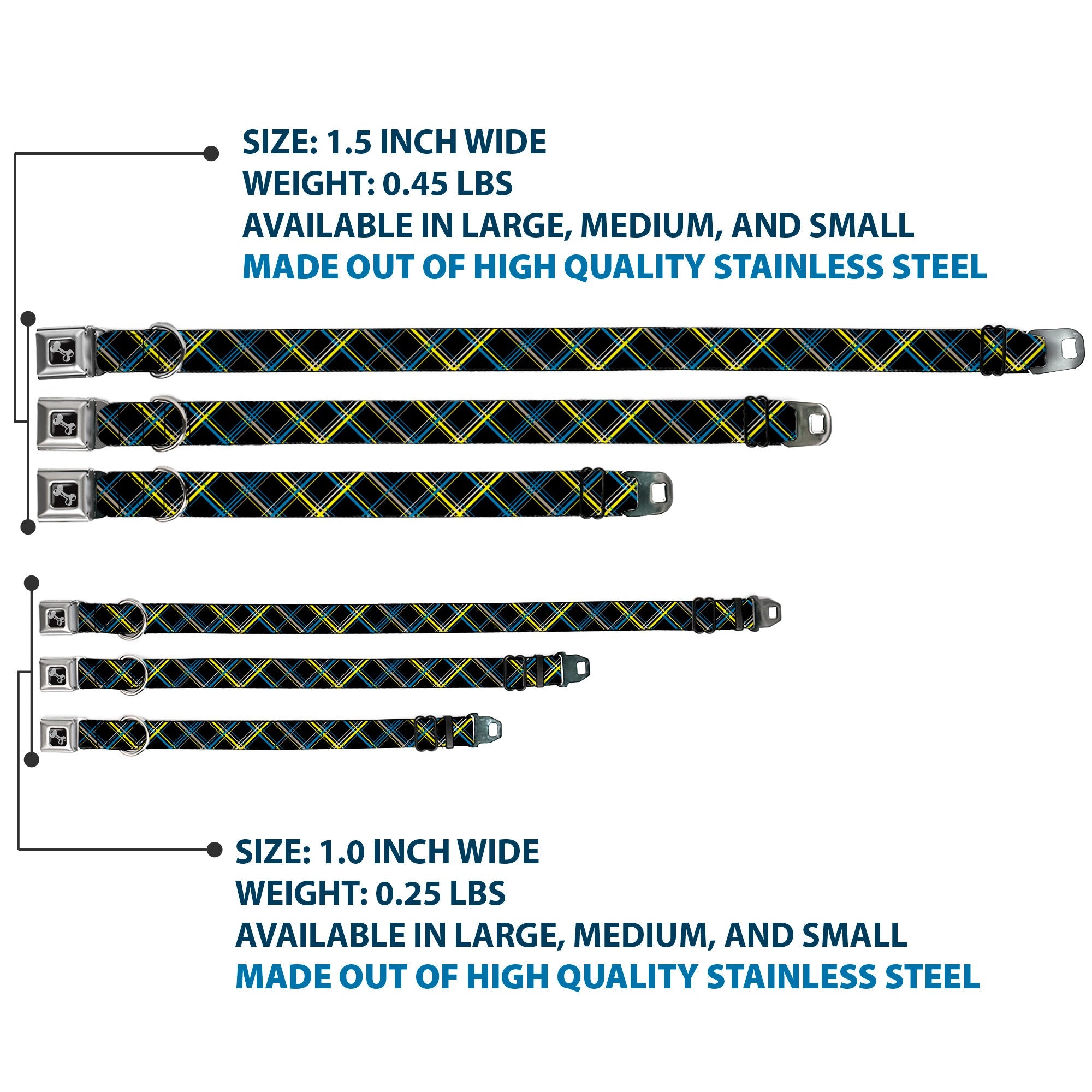 Dog Bone Seatbelt Buckle Collar - Plaid Black/Yellow/Turquoise/Gray