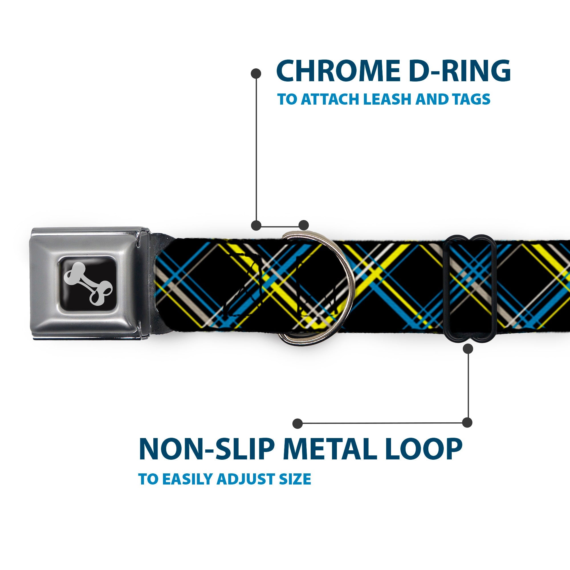 Dog Bone Seatbelt Buckle Collar - Plaid Black/Yellow/Turquoise/Gray