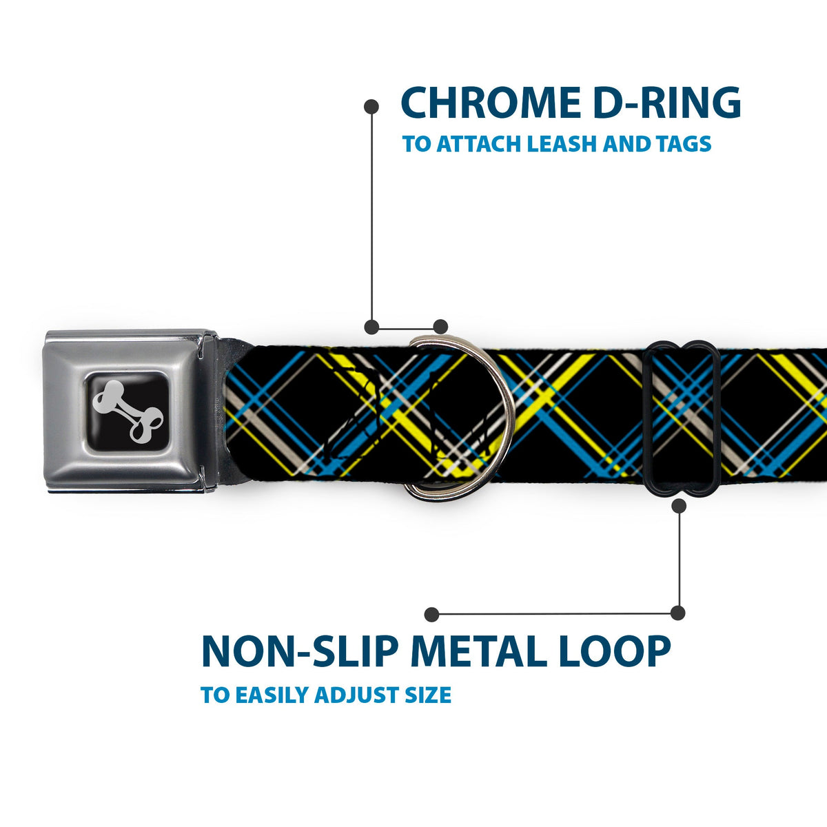Dog Bone Seatbelt Buckle Collar - Plaid Black/Yellow/Turquoise/Gray